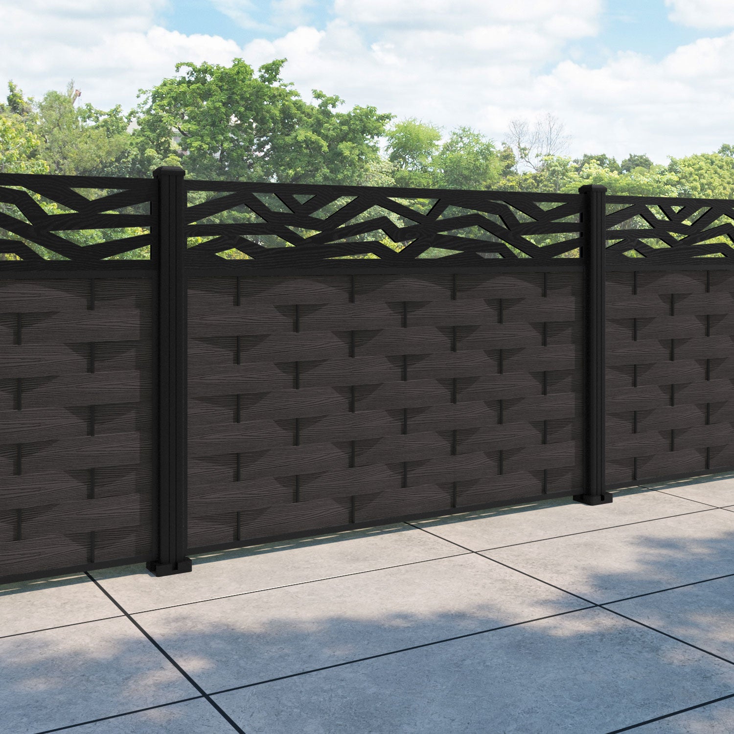 Ripple Zenith Fence Panel - Dark Oak - with our aluminium posts