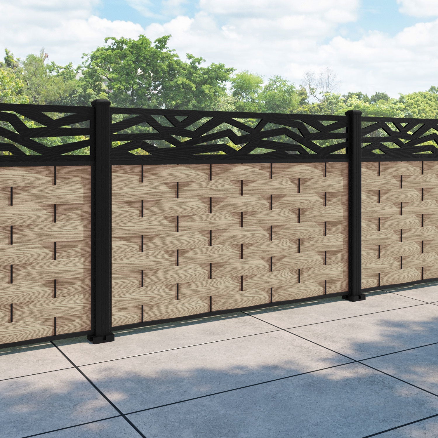 Ripple Zenith Fence Panel - Light Oak - with our aluminium posts