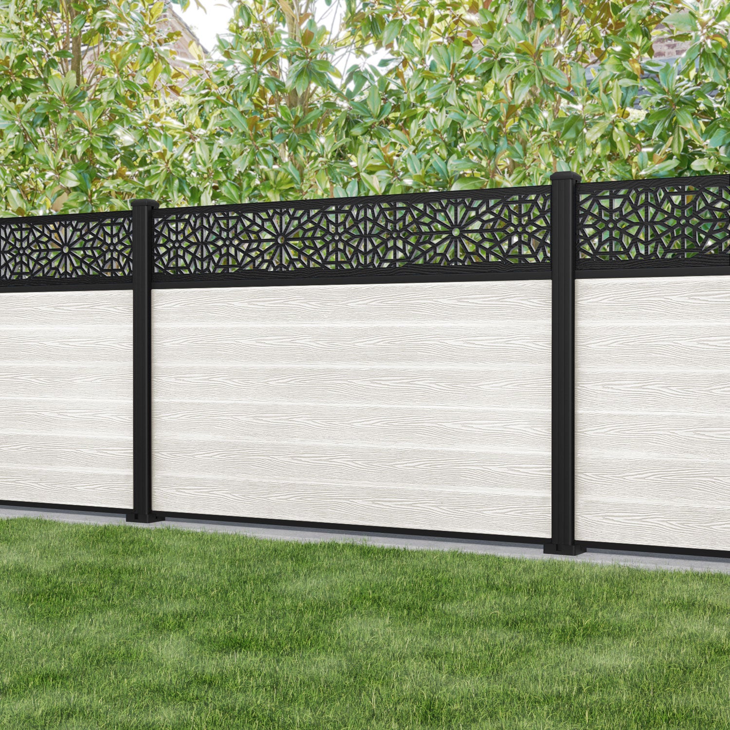 Classic Alnara Fence Panel - Light Stone - with our aluminium posts