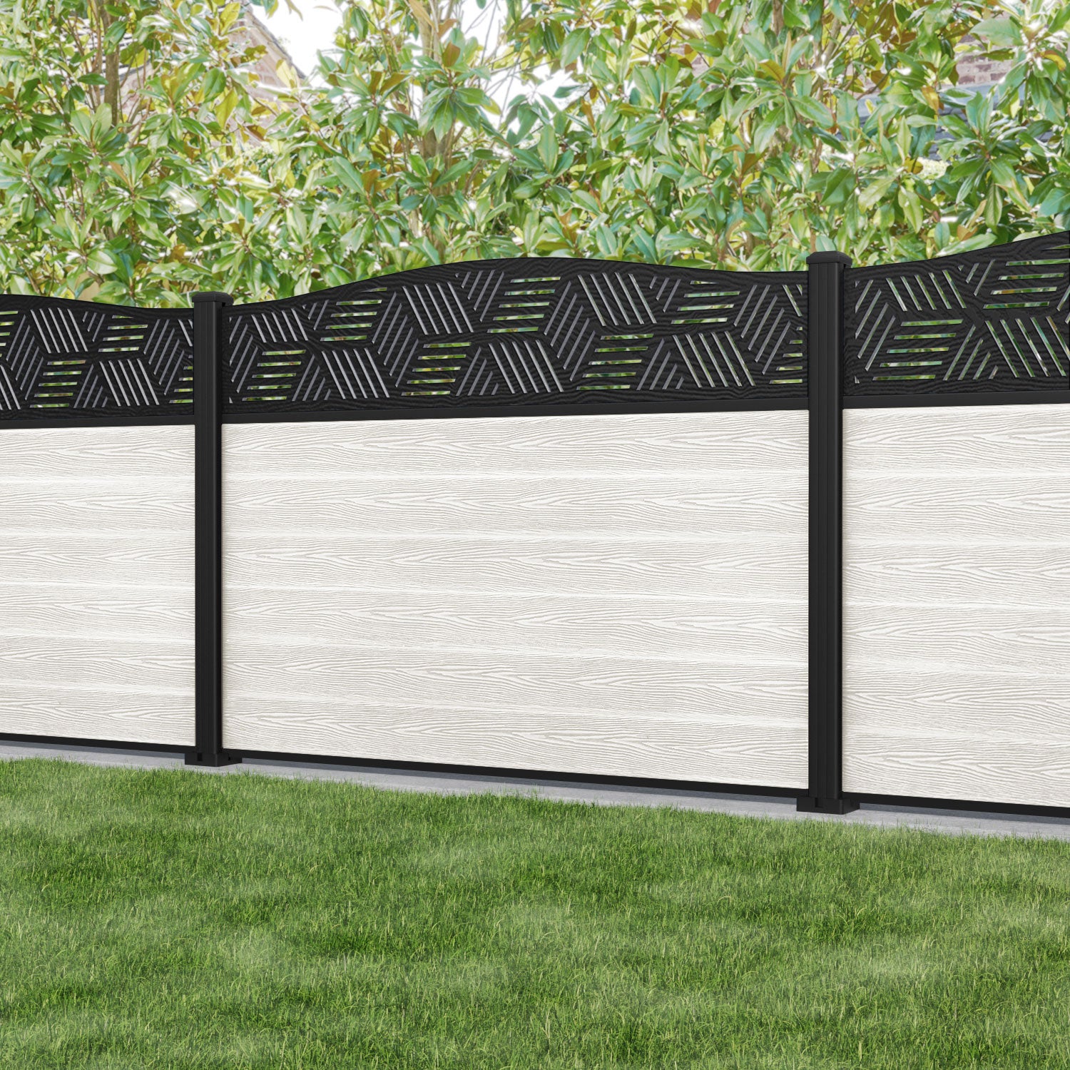 Classic Cubed Curved Top Fence Panel - Light Stone - with our aluminium posts