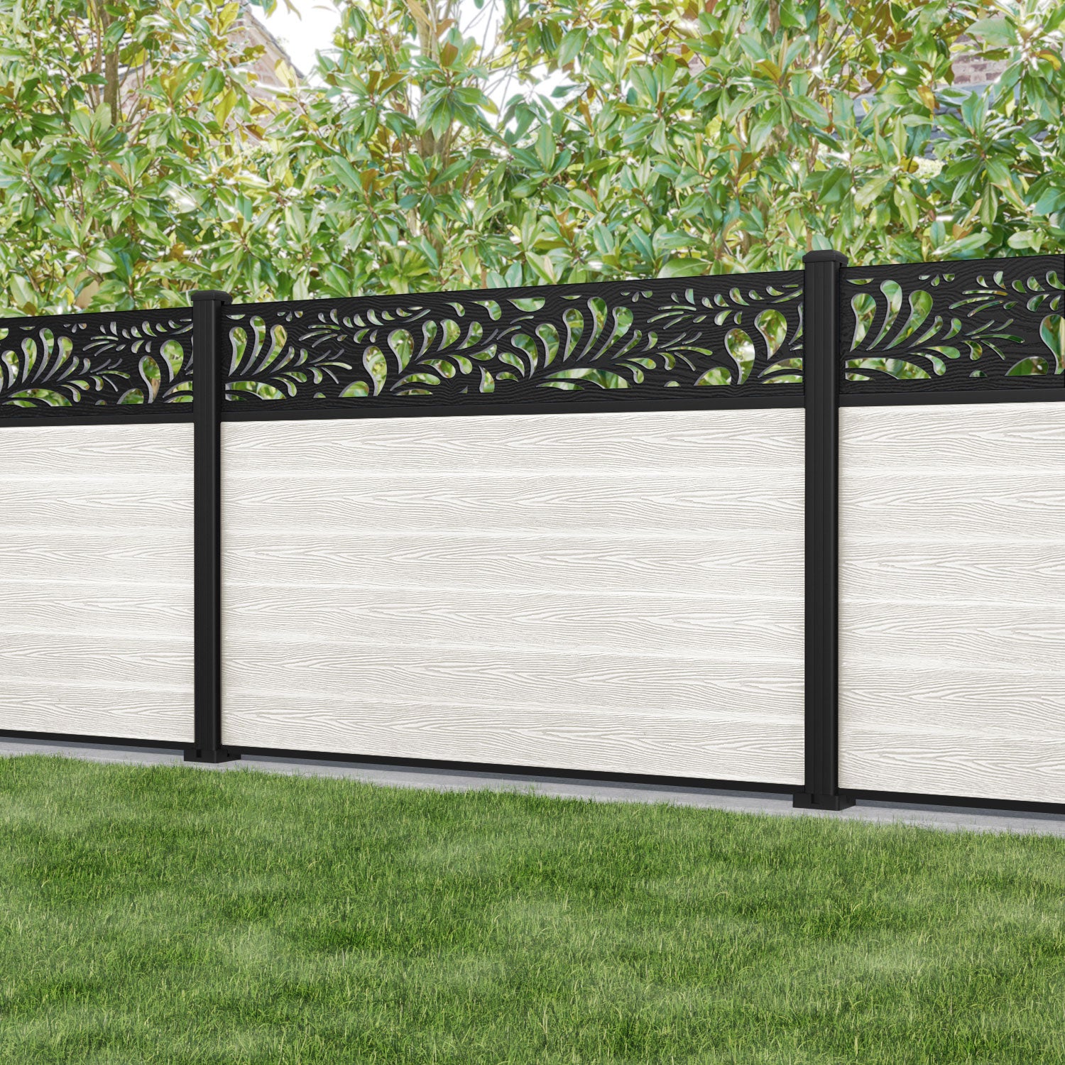 Classic Petal Fence Panel - Light Stone - with our aluminium posts