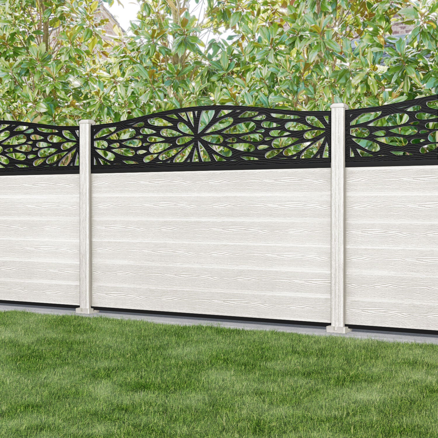 Classic Blossom Curved Top Fence Panel - Light Stone - with our composite posts