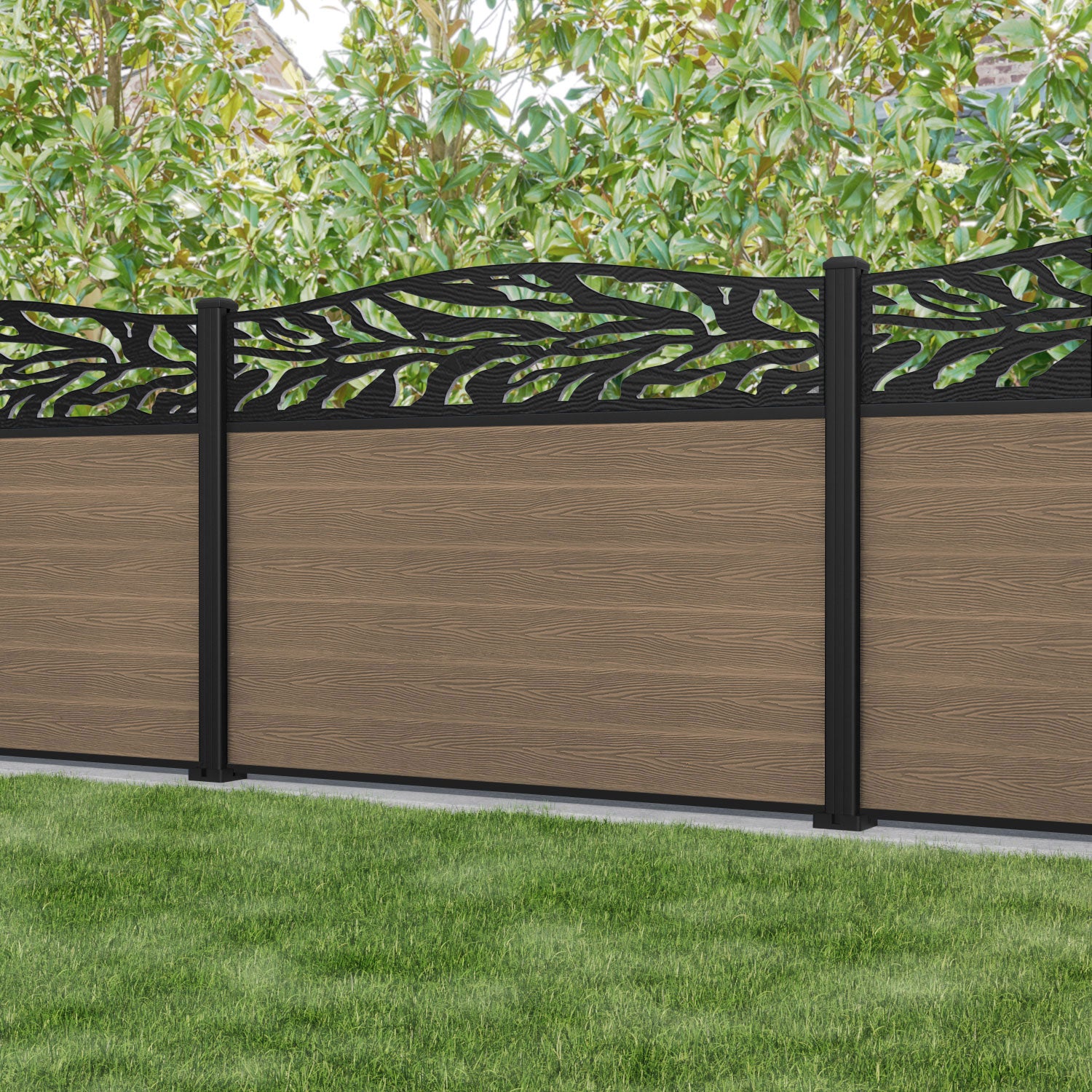 Classic Malawi Curved Top Fence Panel - Teak - with our aluminium posts