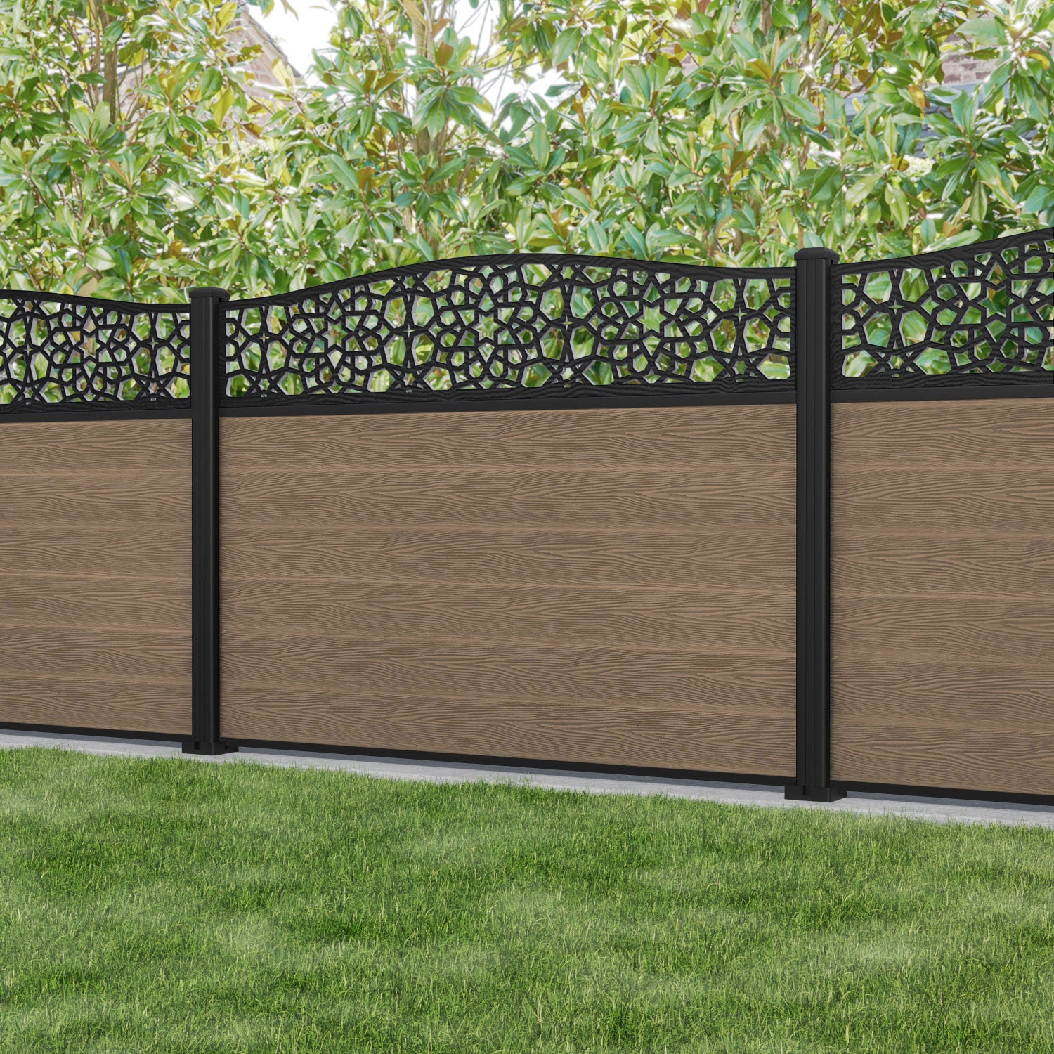 Classic Nazira Curved Top Fence Panel - Teak - with our aluminium posts