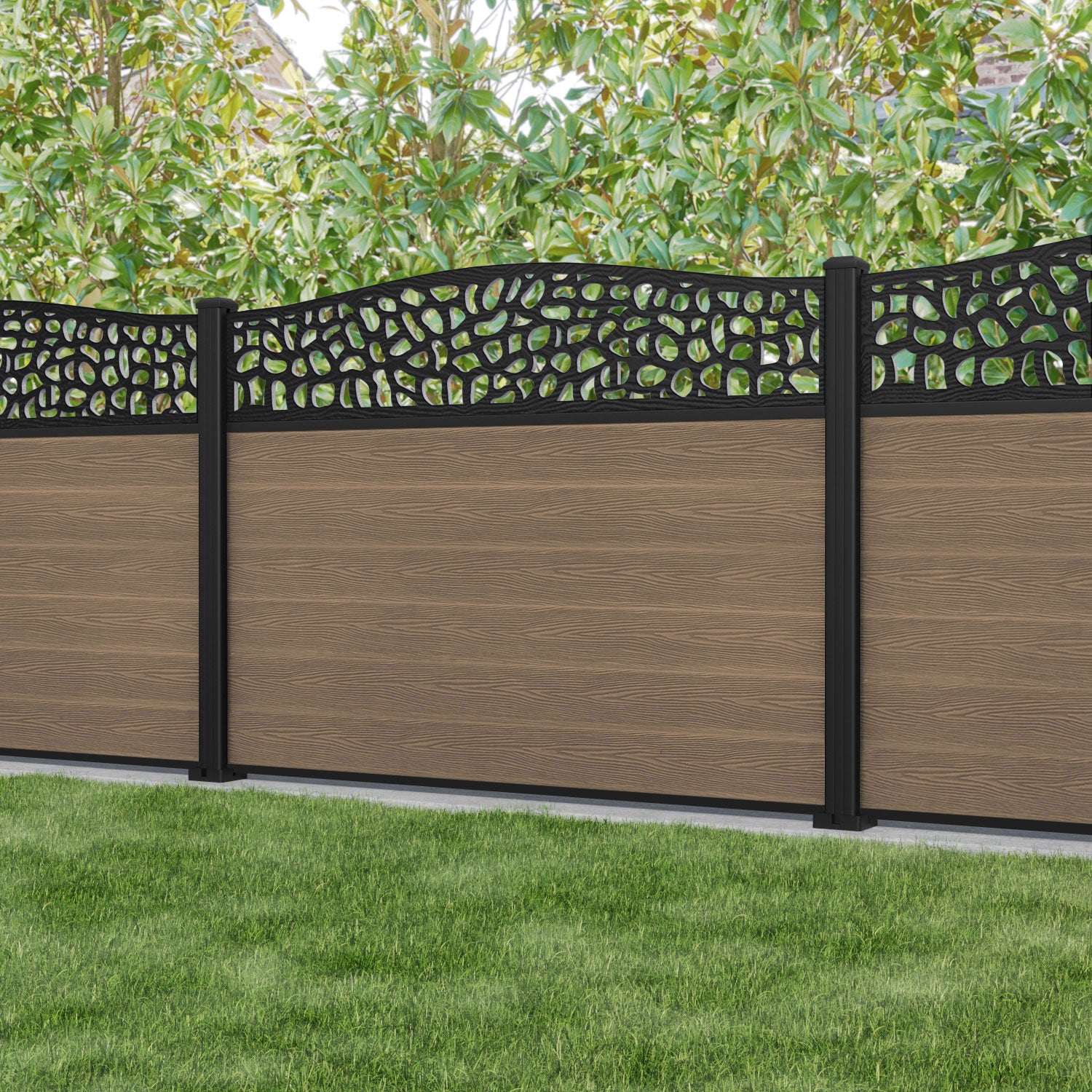 Classic Pebble Curved Top Fence Panel - Teak - with our aluminium posts