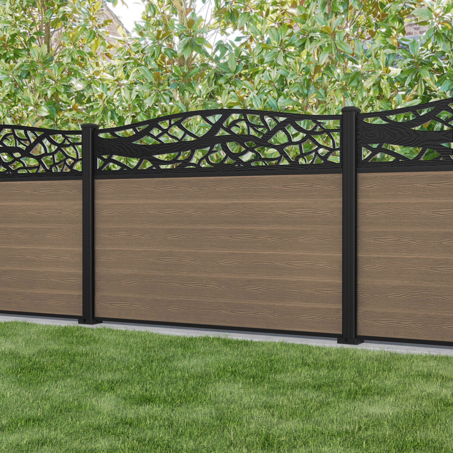 Classic Twilight Curved Top Fence Panel - Teak - with our aluminium posts
