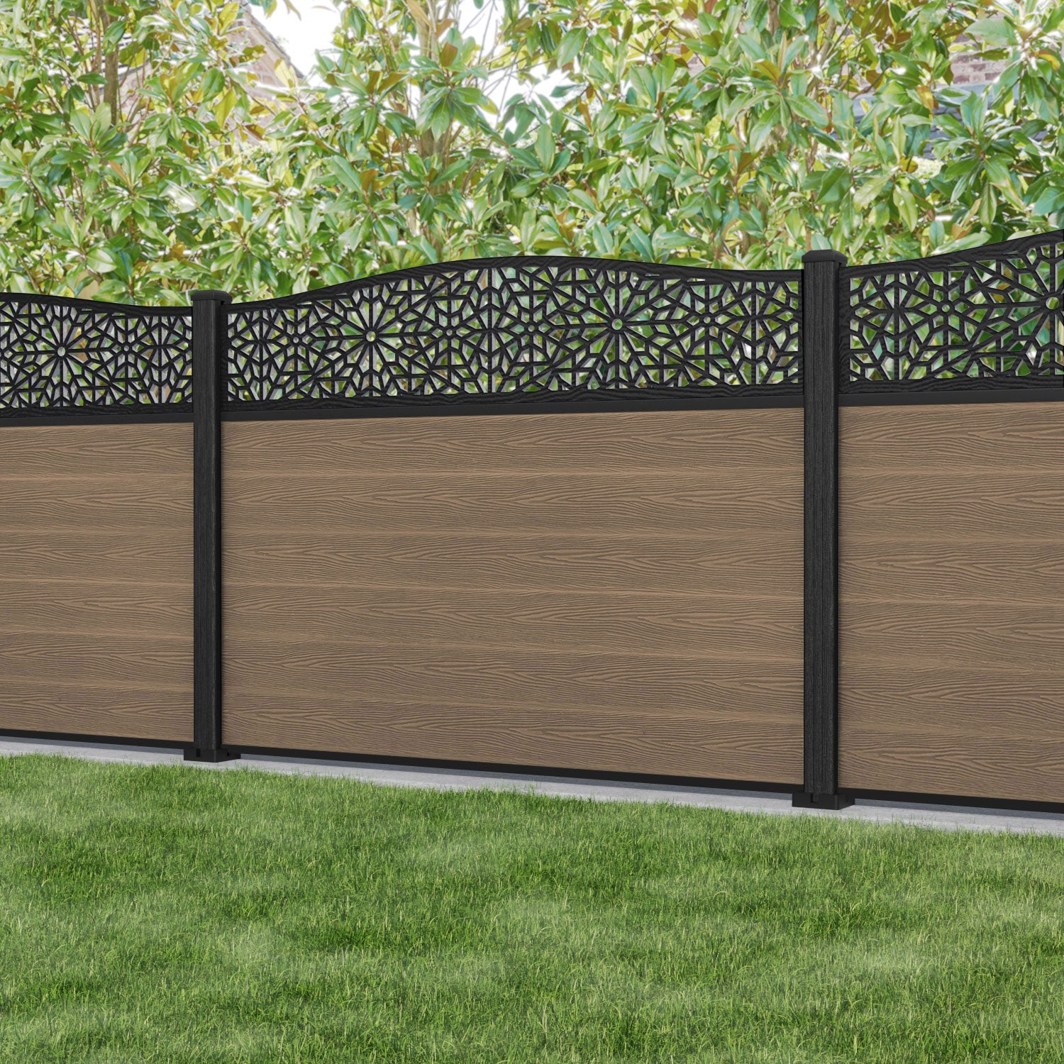 Classic Alnara Curved Top Fence Panel - Teak - with our composite posts