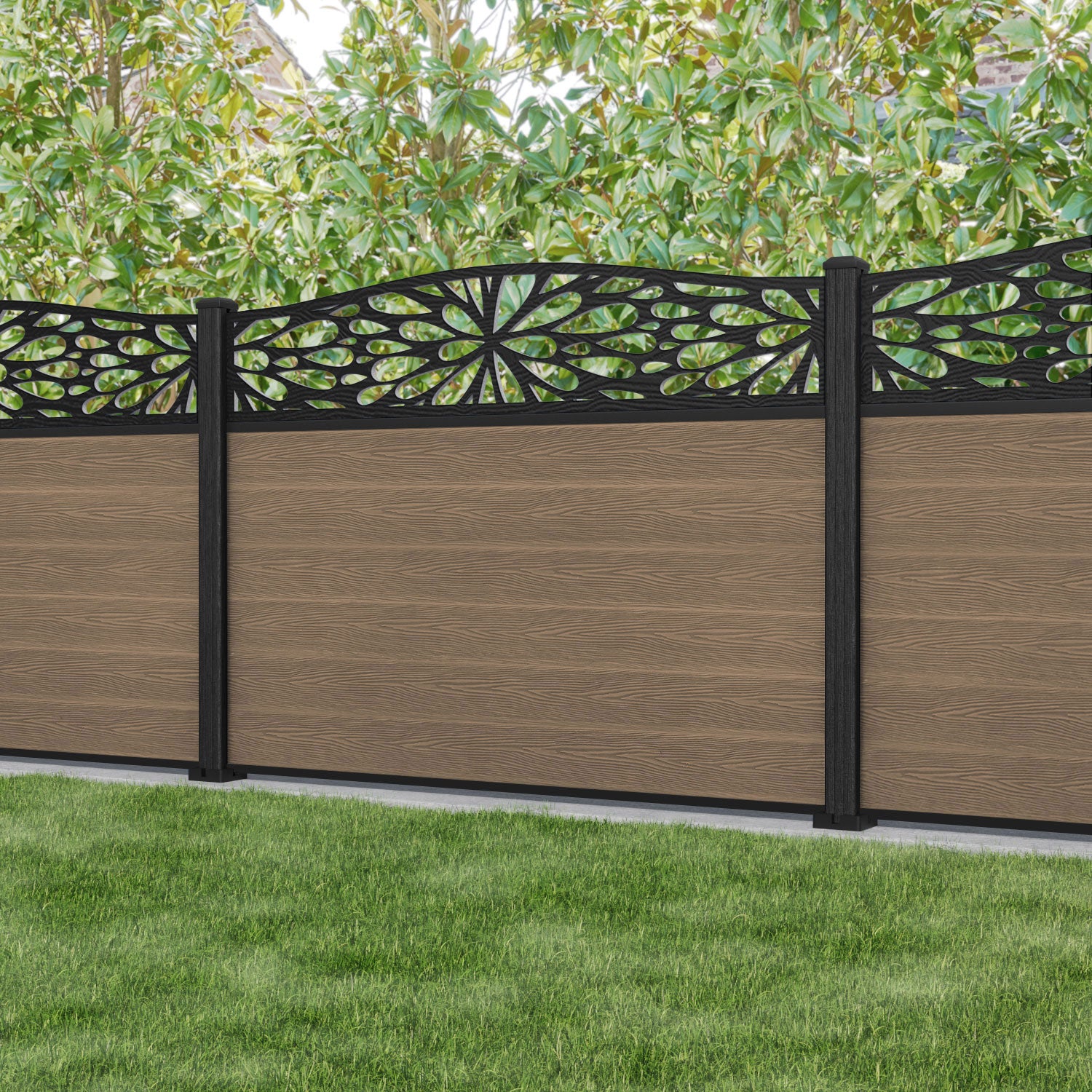 Classic Blossom Curved Top Fence Panel - Teak - with our composite posts