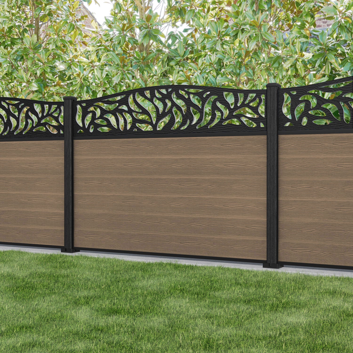 Classic Plume Curved Top Fence Panel - Teak - with our composite posts