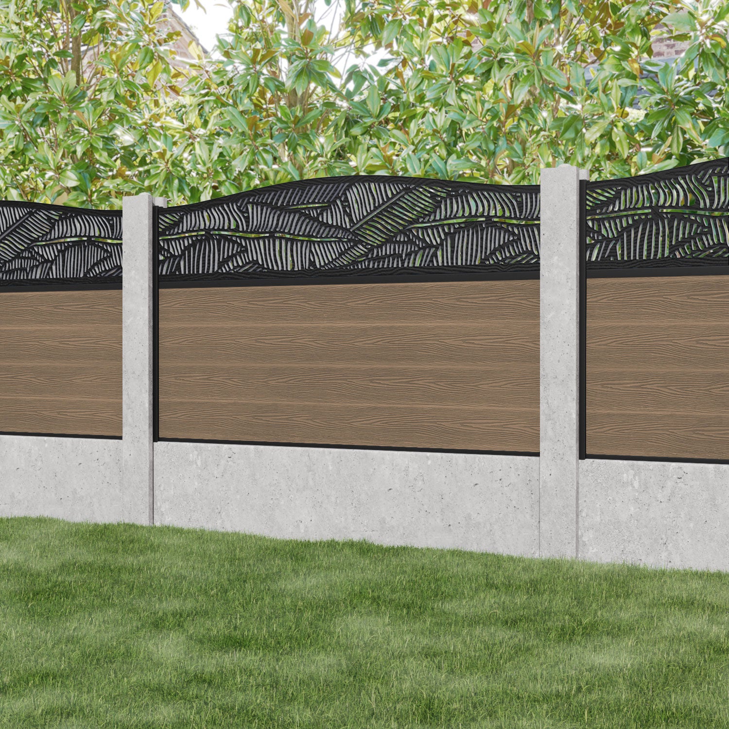 Classic Feather Curved Top Fence Panel - Teak - for existing concrete posts