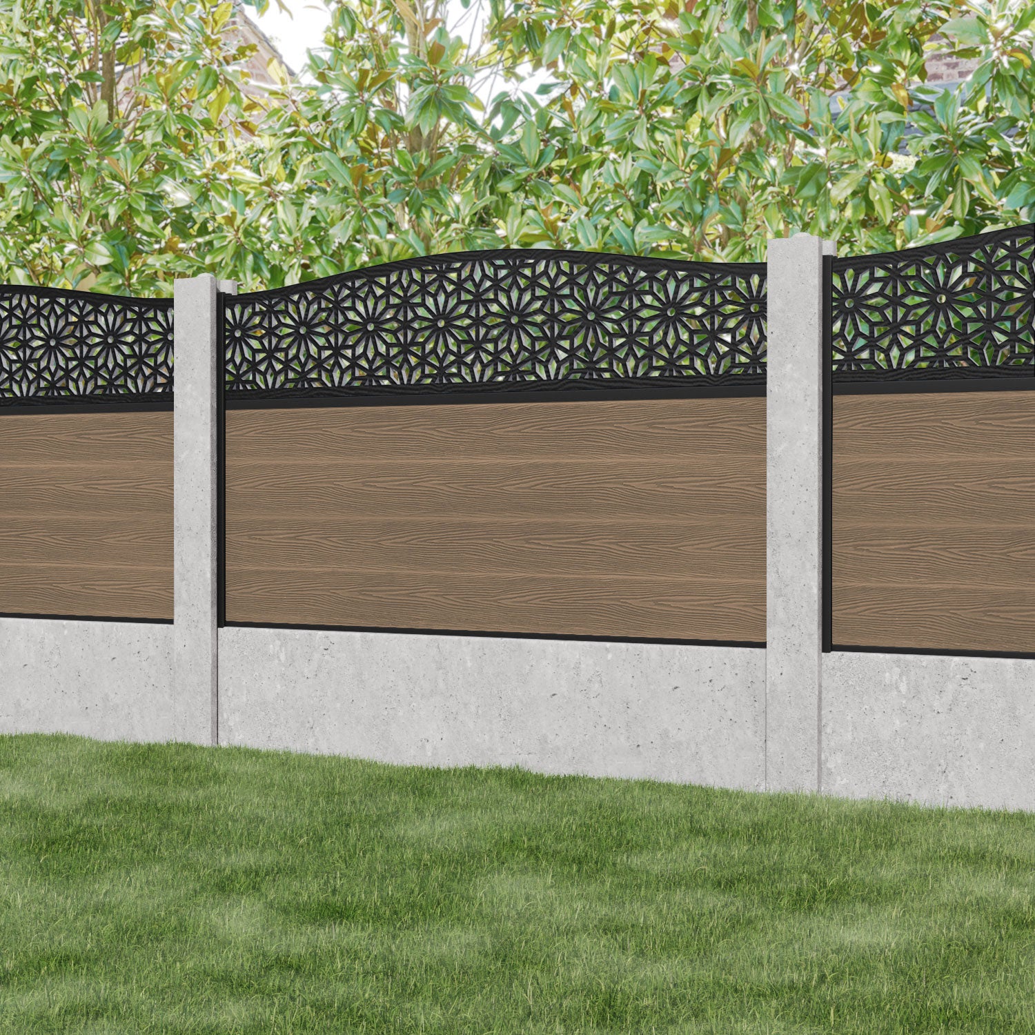 Classic Narwa Curved Top Fence Panel - Teak - for existing concrete posts