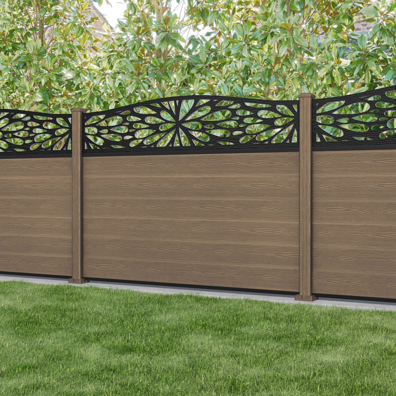 Classic Blossom Curved Top Fence Panel - Teak - with our composite posts