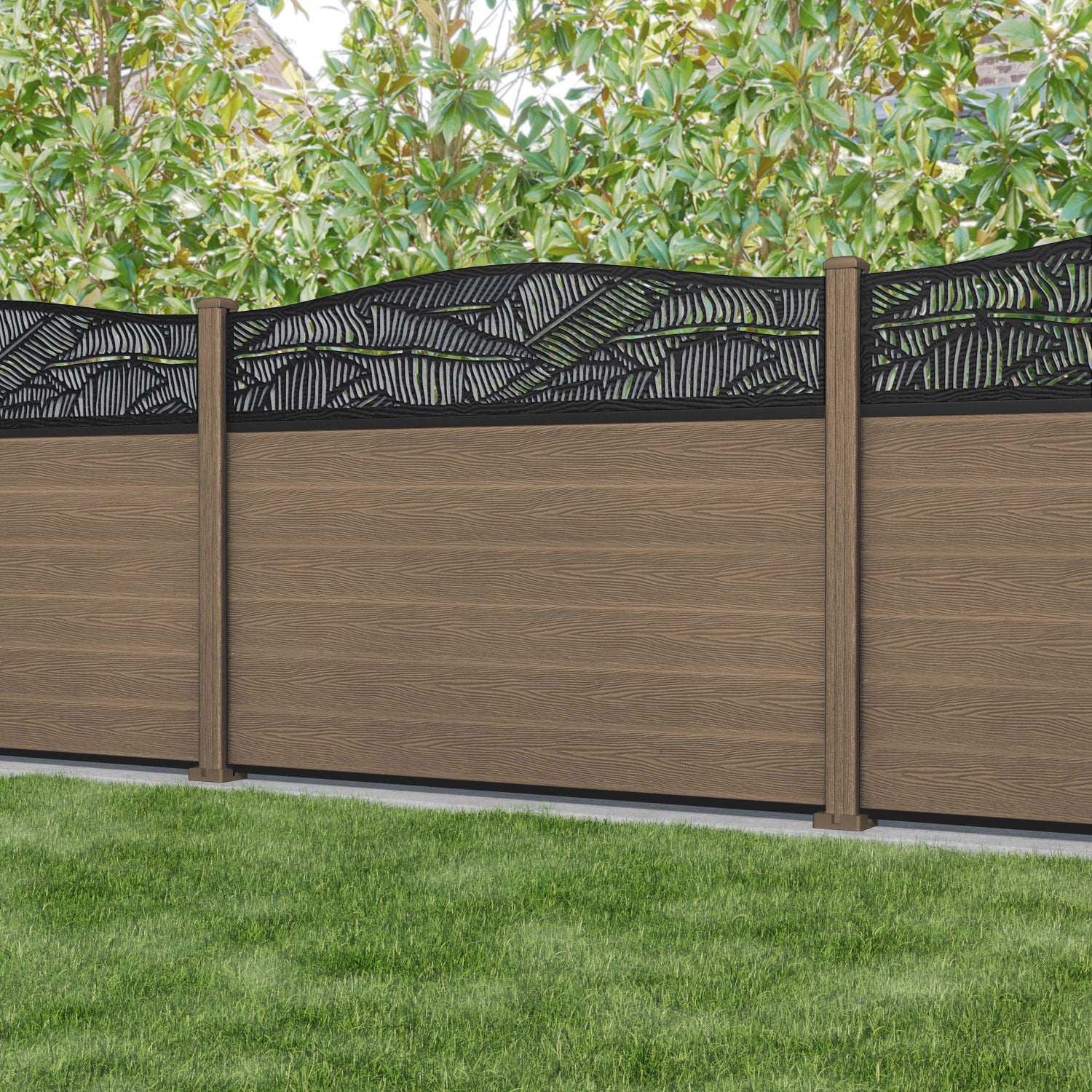 Classic Feather Curved Top Fence Panel - Teak - with our composite posts