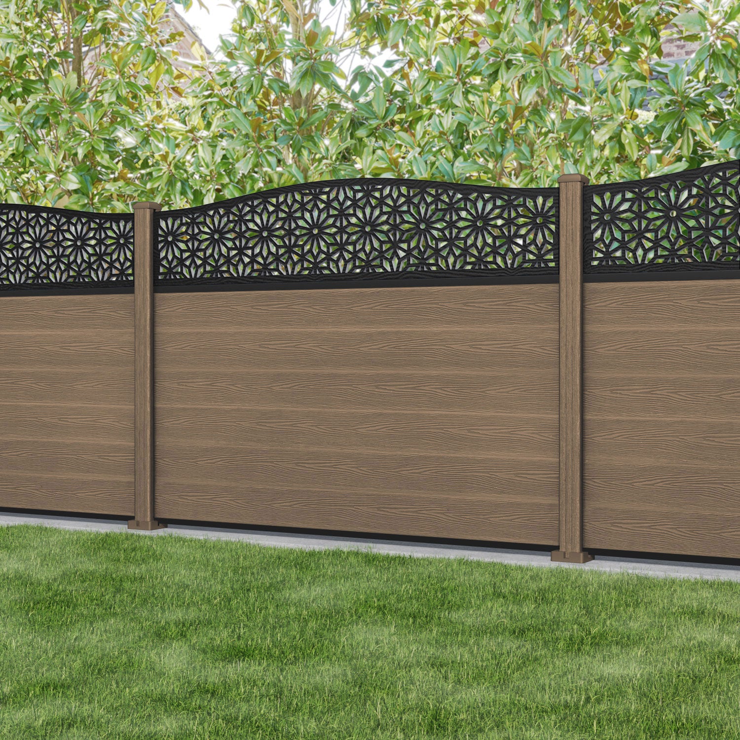 Classic Narwa Curved Top Fence Panel - Teak - with our composite posts