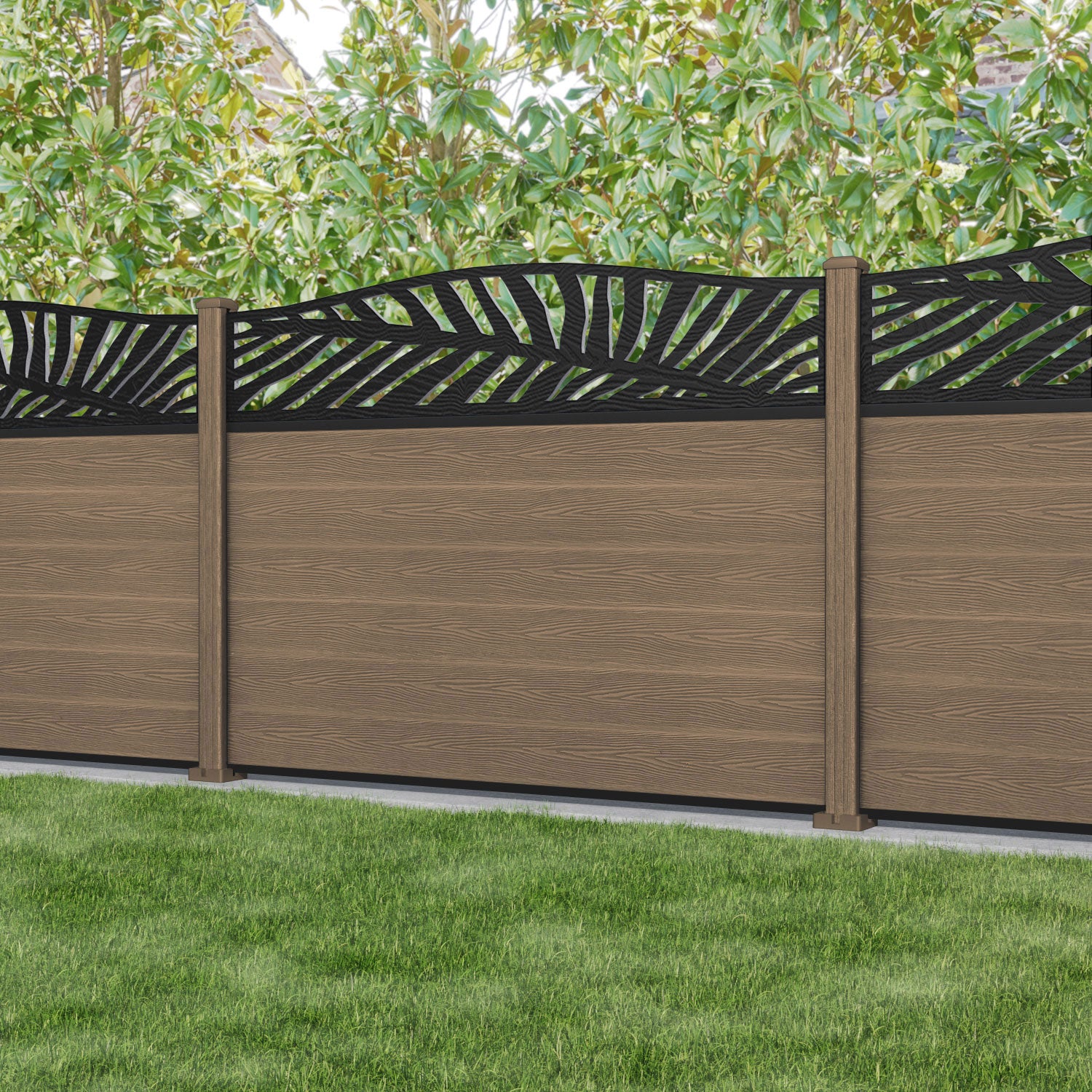 Classic Palm Curved Top Fence Panel - Teak - with our composite posts