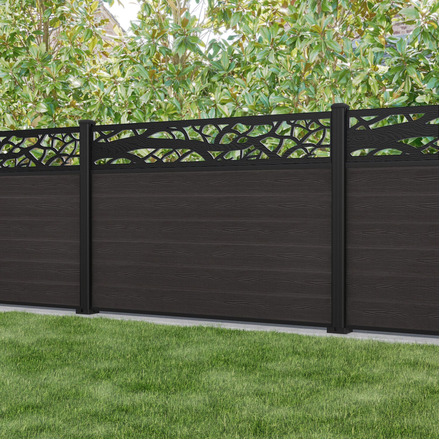 Classic Twilight Fence Panel - Dark Oak - with our aluminium posts