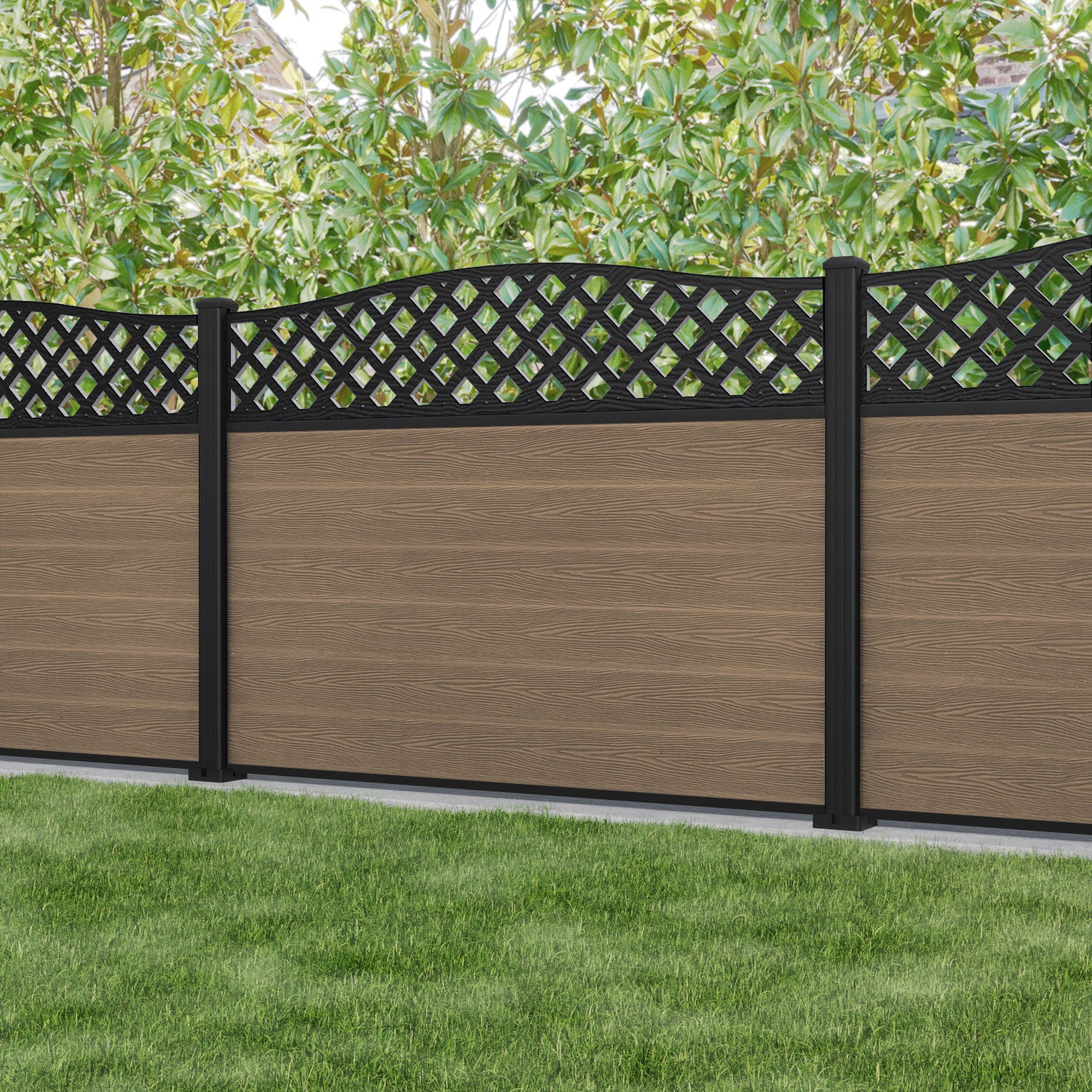 Classic High Wave Fence Panel - Teak - with our aluminium posts