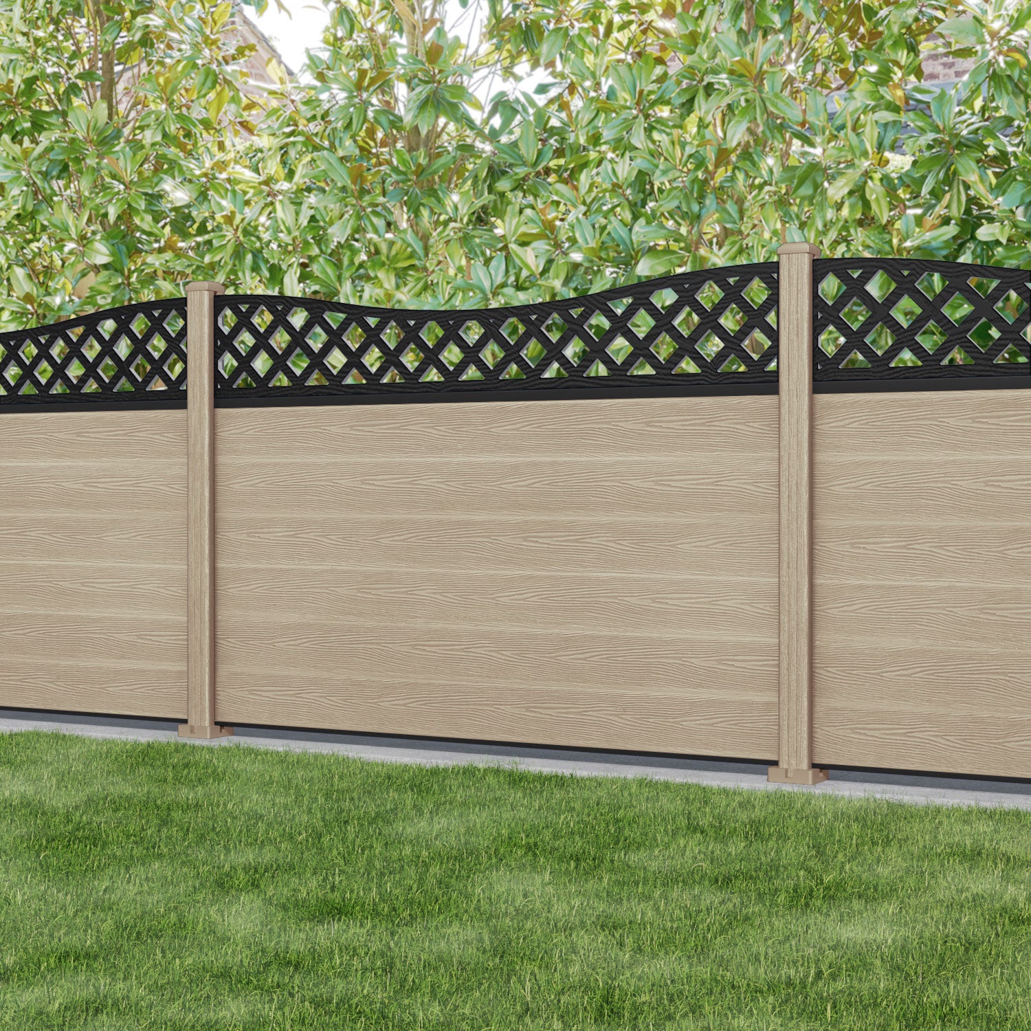 Classic Low Wave Fence Panel - Light Oak - with our composite posts
