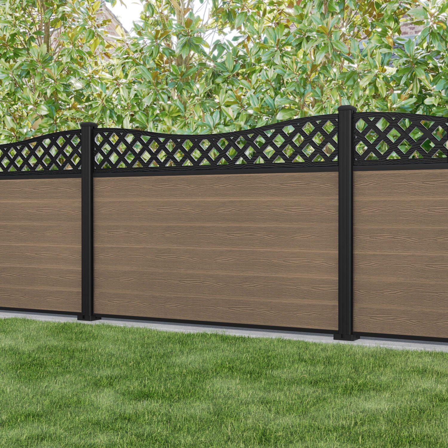 Classic Low Wave Fence Panel - Teak - with our aluminium posts