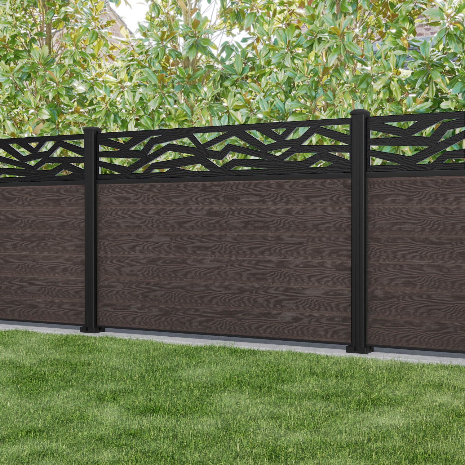 Classic Zenith Fence Panel - Mid Brown - with our aluminium posts