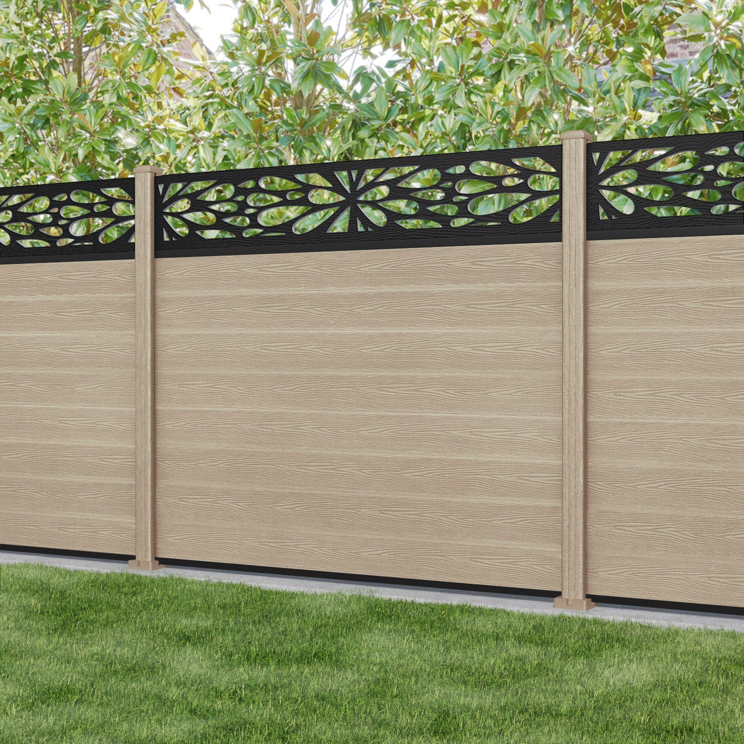 Classic Blossom Fence Panel - Light Oak - with our composite posts