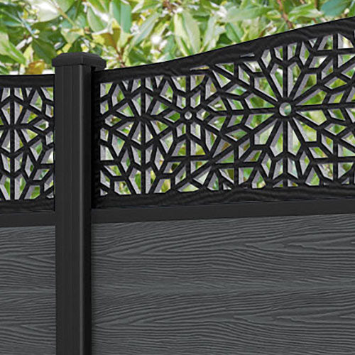 Classic Alnara Curved Top Fence Panel - Dark Grey - with our aluminium posts