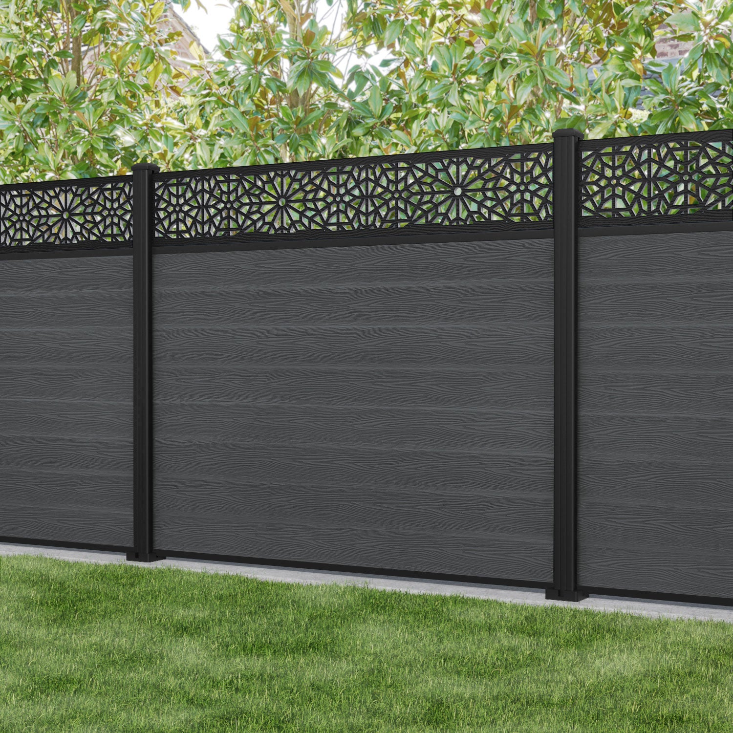 Classic Alnara Fence Panel - Dark Grey - with our aluminium posts