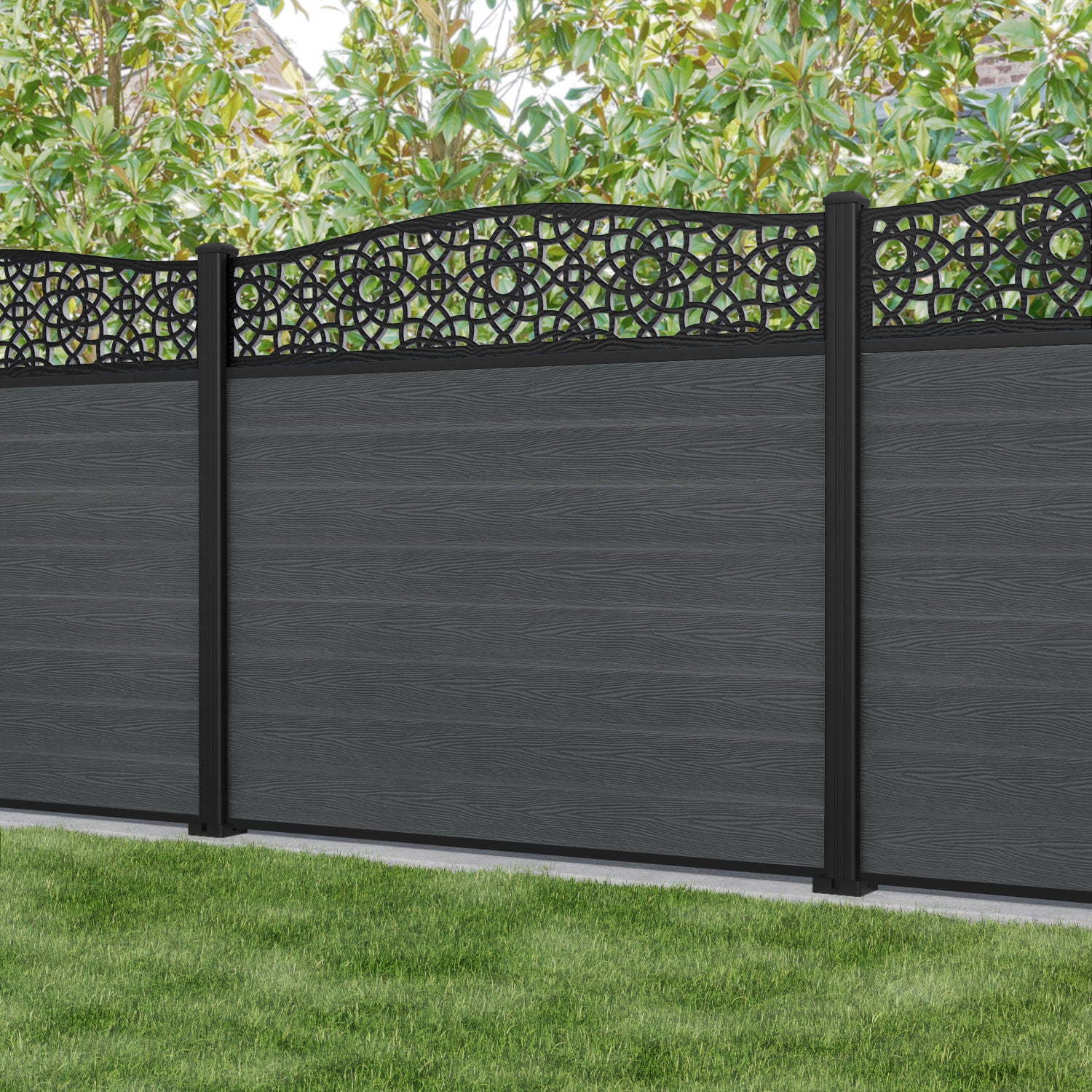 Classic Ambar Curved Top Fence Panel - Dark Grey - with our aluminium posts