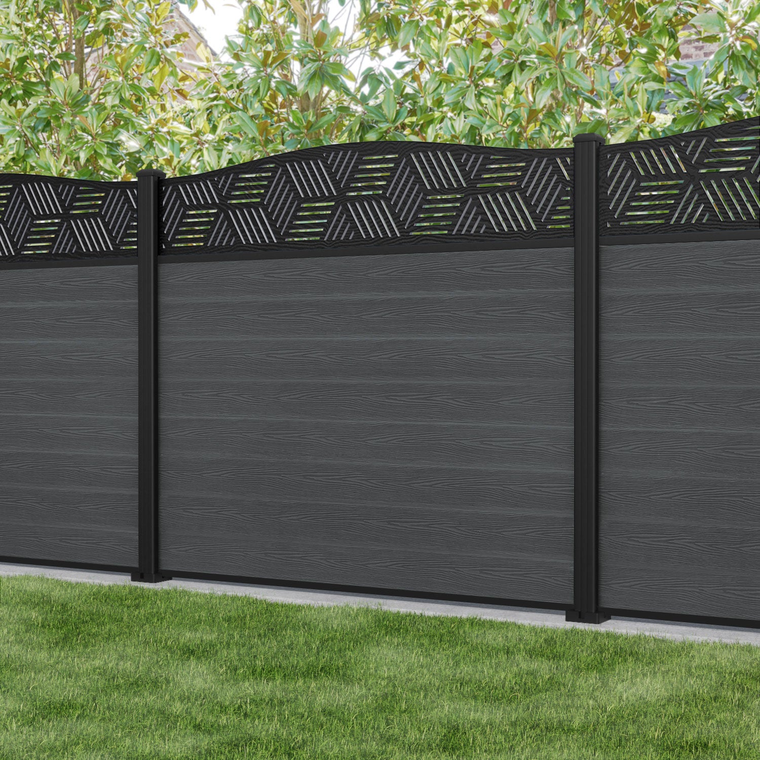 Classic Cubed Curved Top Fence Panel - Dark Grey - with our aluminium posts