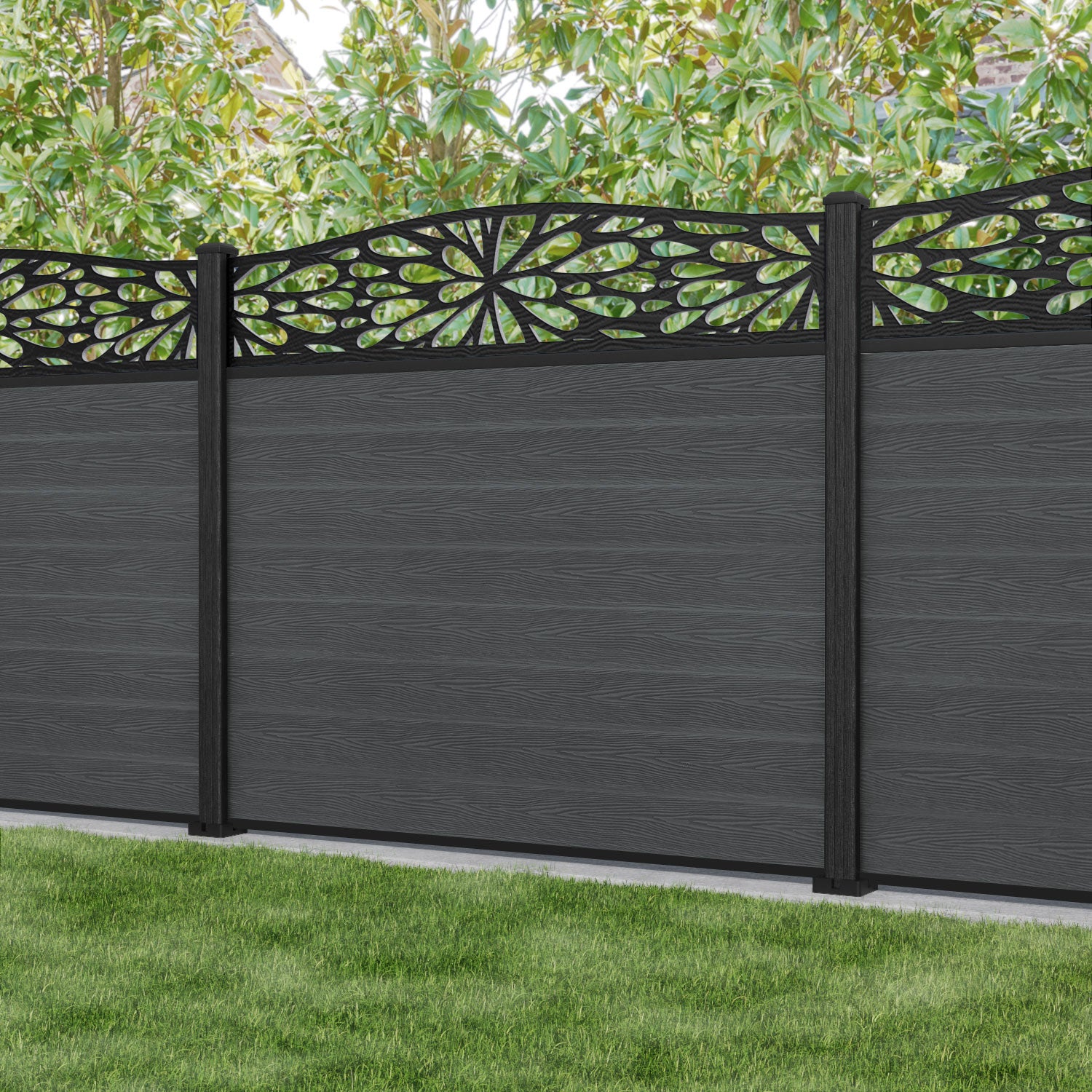 Classic Blossom Curved Top Fence Panel - Dark Grey - with our composite posts