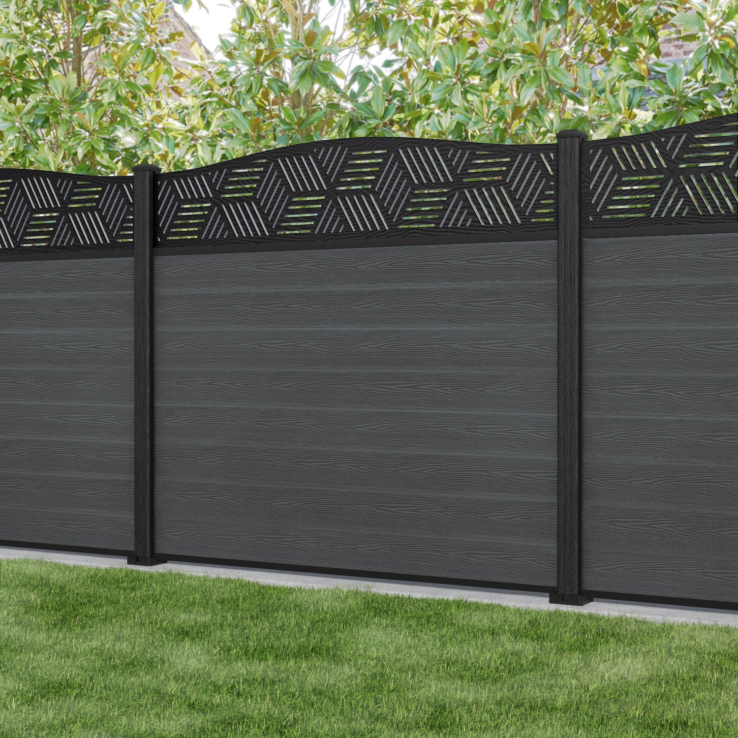 Classic Cubed Curved Top Fence Panel - Dark Grey - with our composite posts