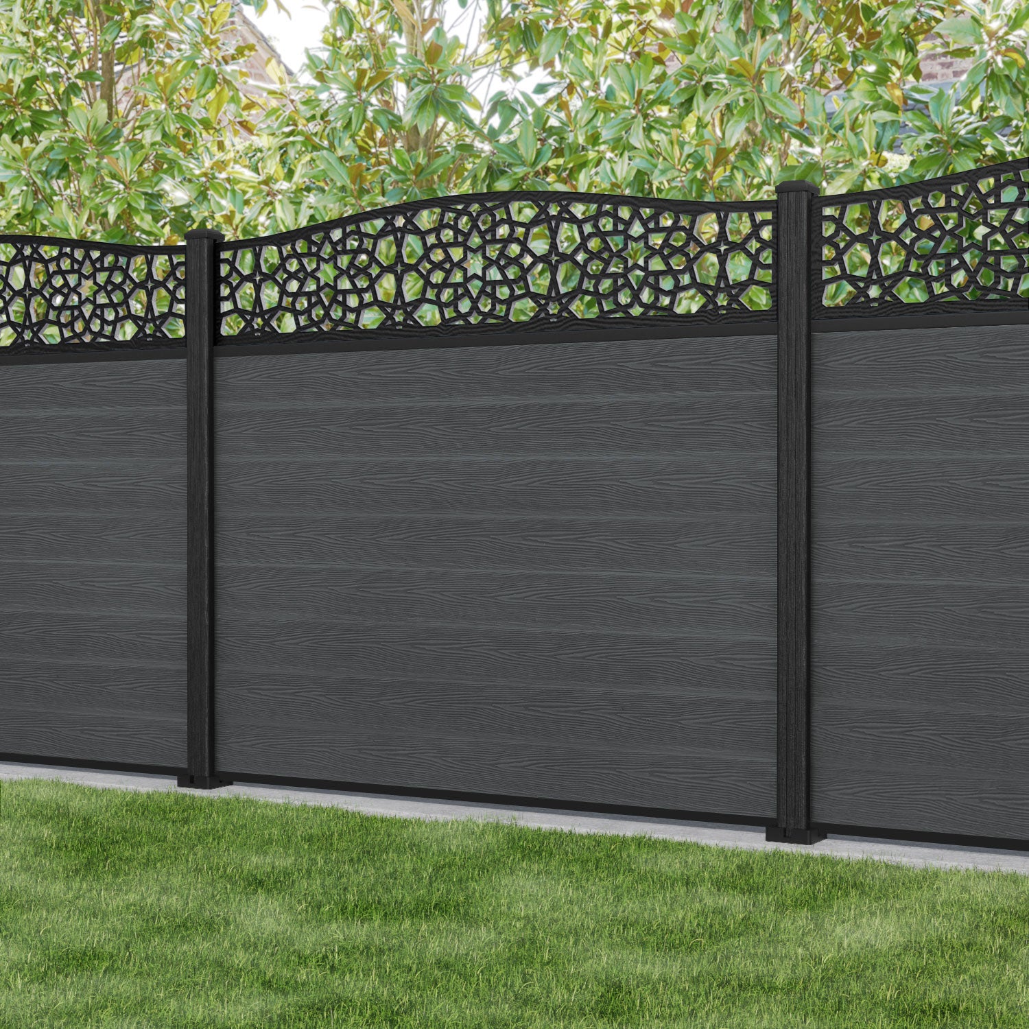 Classic Nazira Curved Top Fence Panel - Dark Grey - with our composite posts