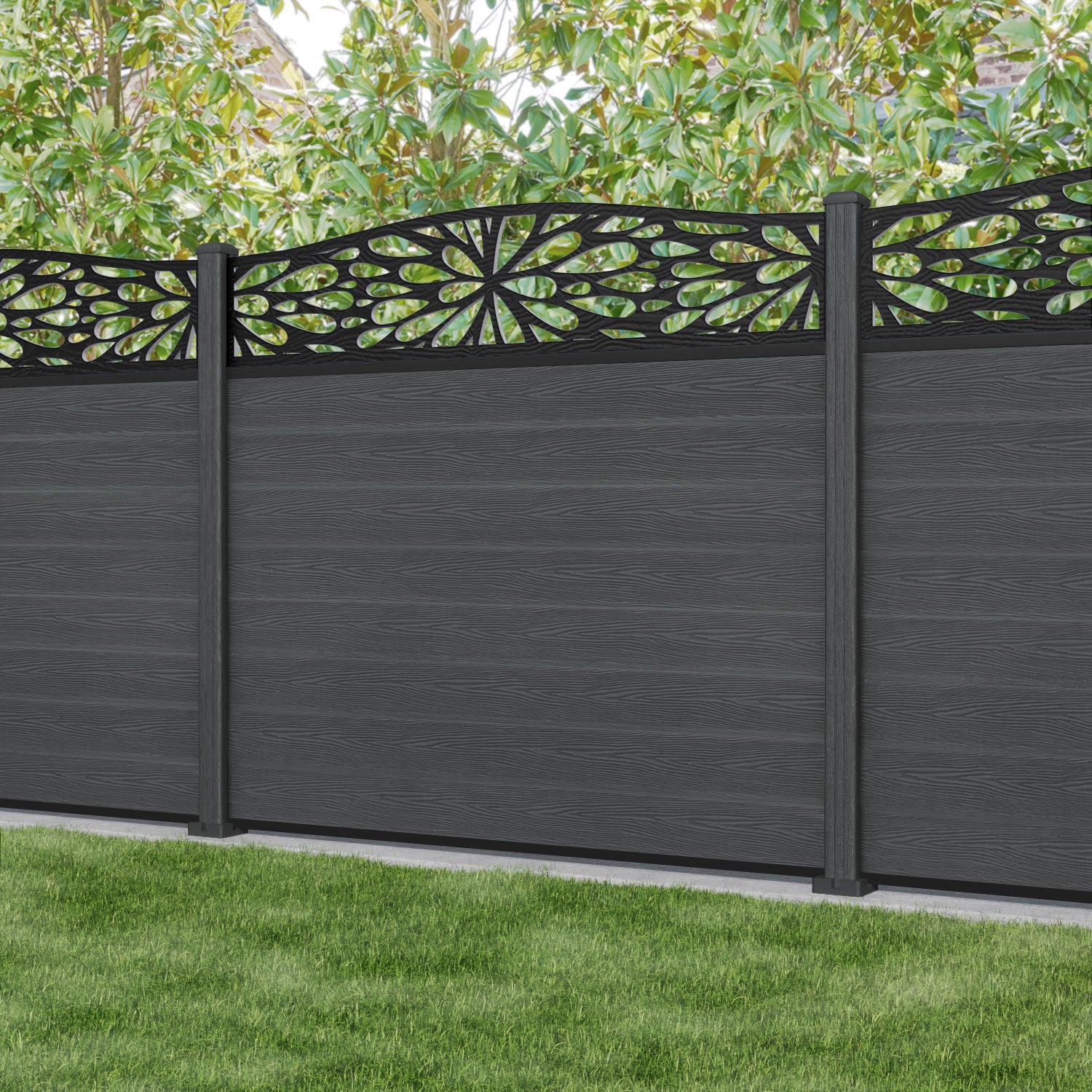 Classic Blossom Curved Top Fence Panel - Dark Grey - with our composite posts