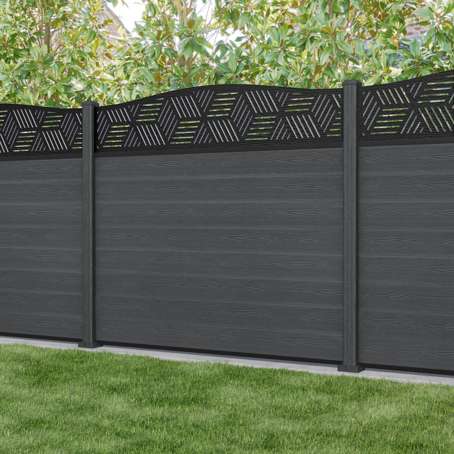 Classic Cubed Curved Top Fence Panel - Dark Grey - with our composite posts
