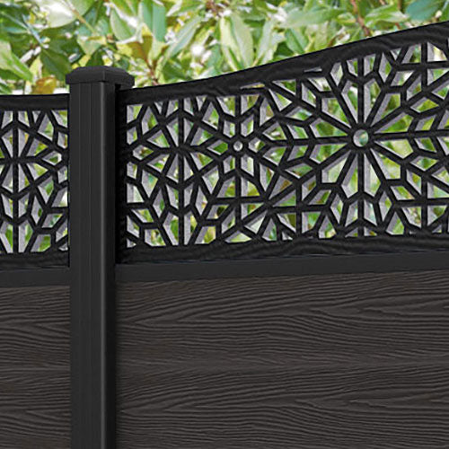 Classic Alnara Curved Top Fence Panel - Dark Oak - with our aluminium posts