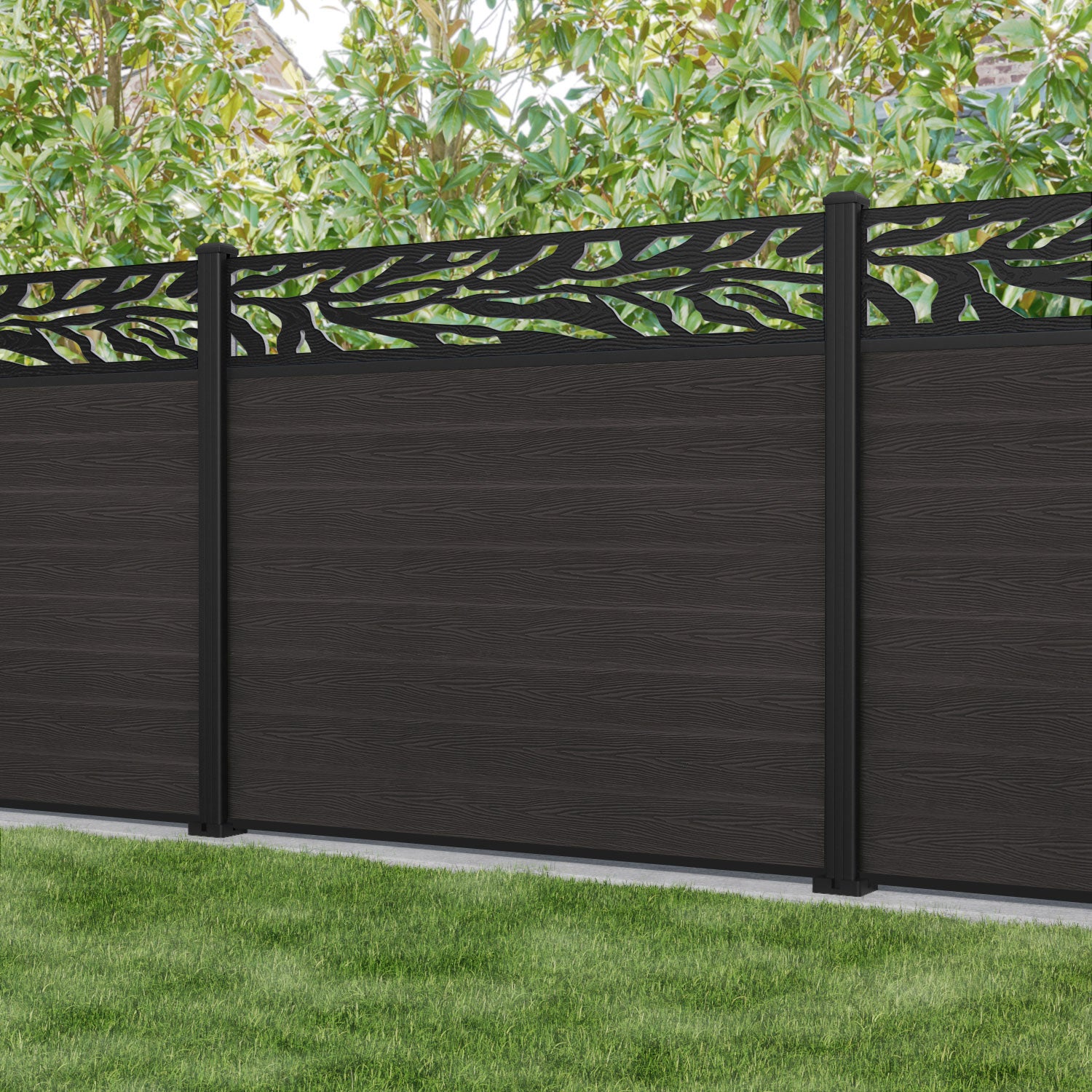 Classic Malawi Fence Panel - Dark Oak - with our aluminium posts