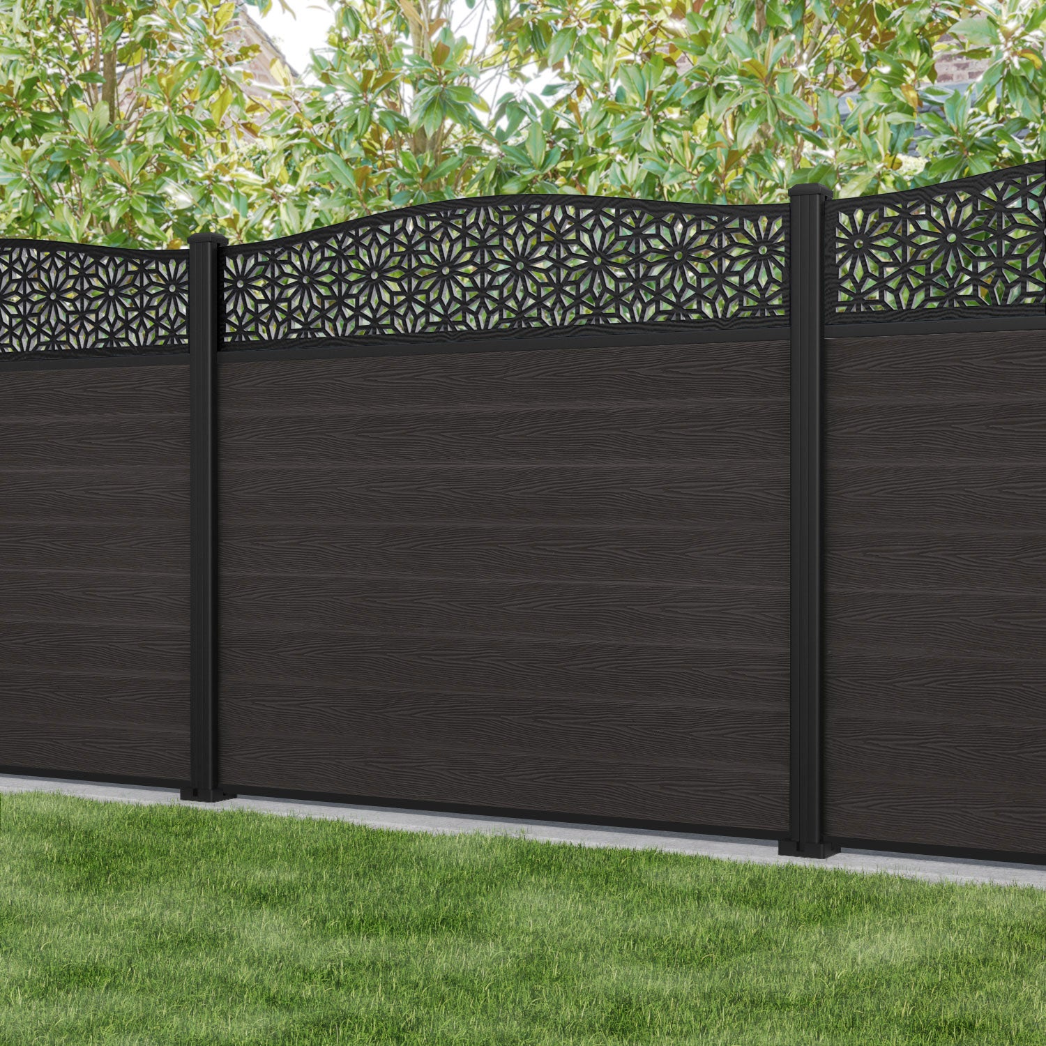 Classic Narwa Curved Top Fence Panel - Dark Oak - with our aluminium posts