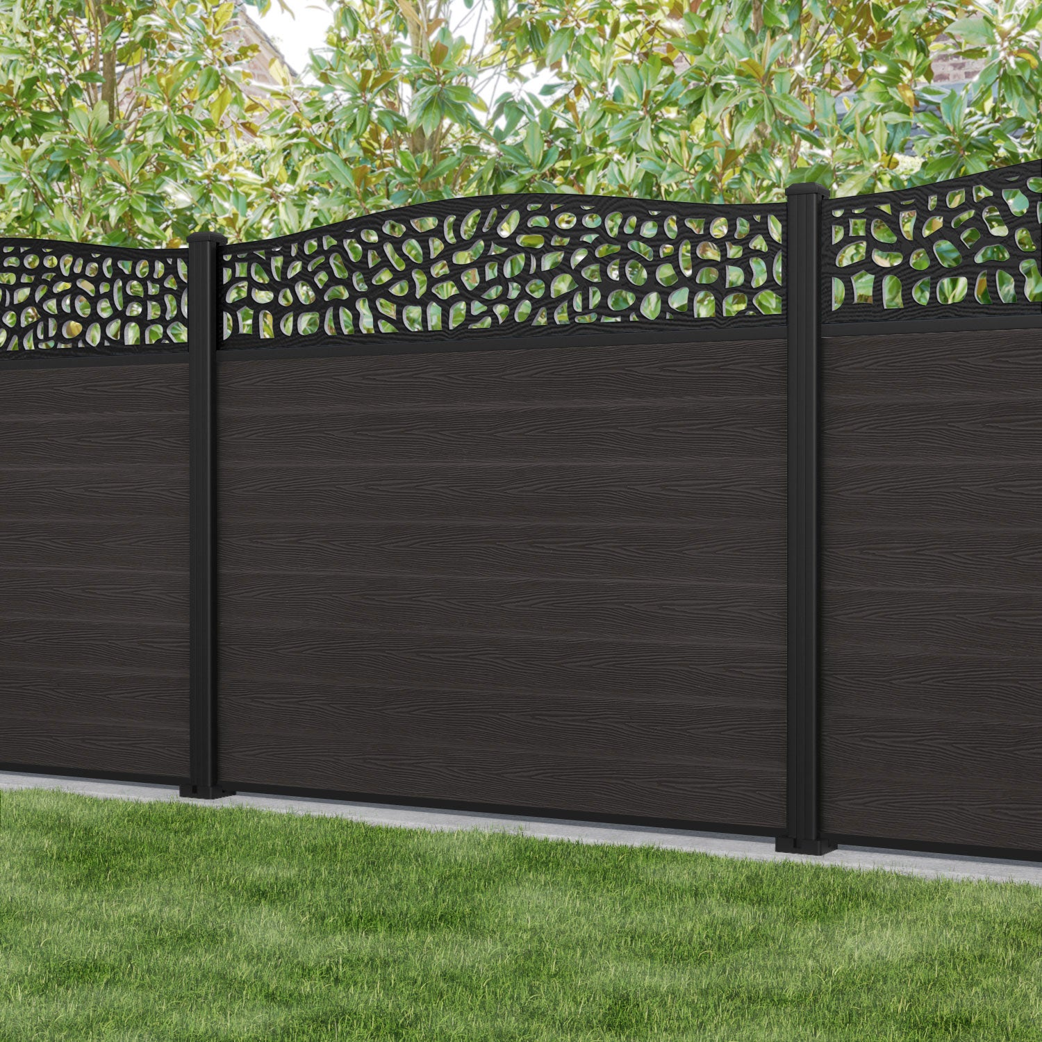 Classic Pebble Curved Top Fence Panel - Dark Oak - with our aluminium posts