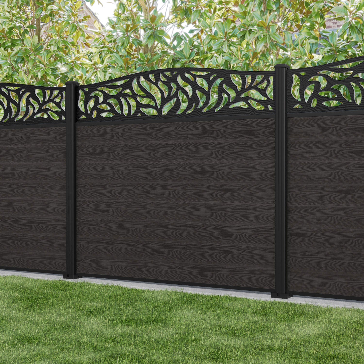 Classic Plume Curved Top Fence Panel - Dark Oak - with our aluminium posts