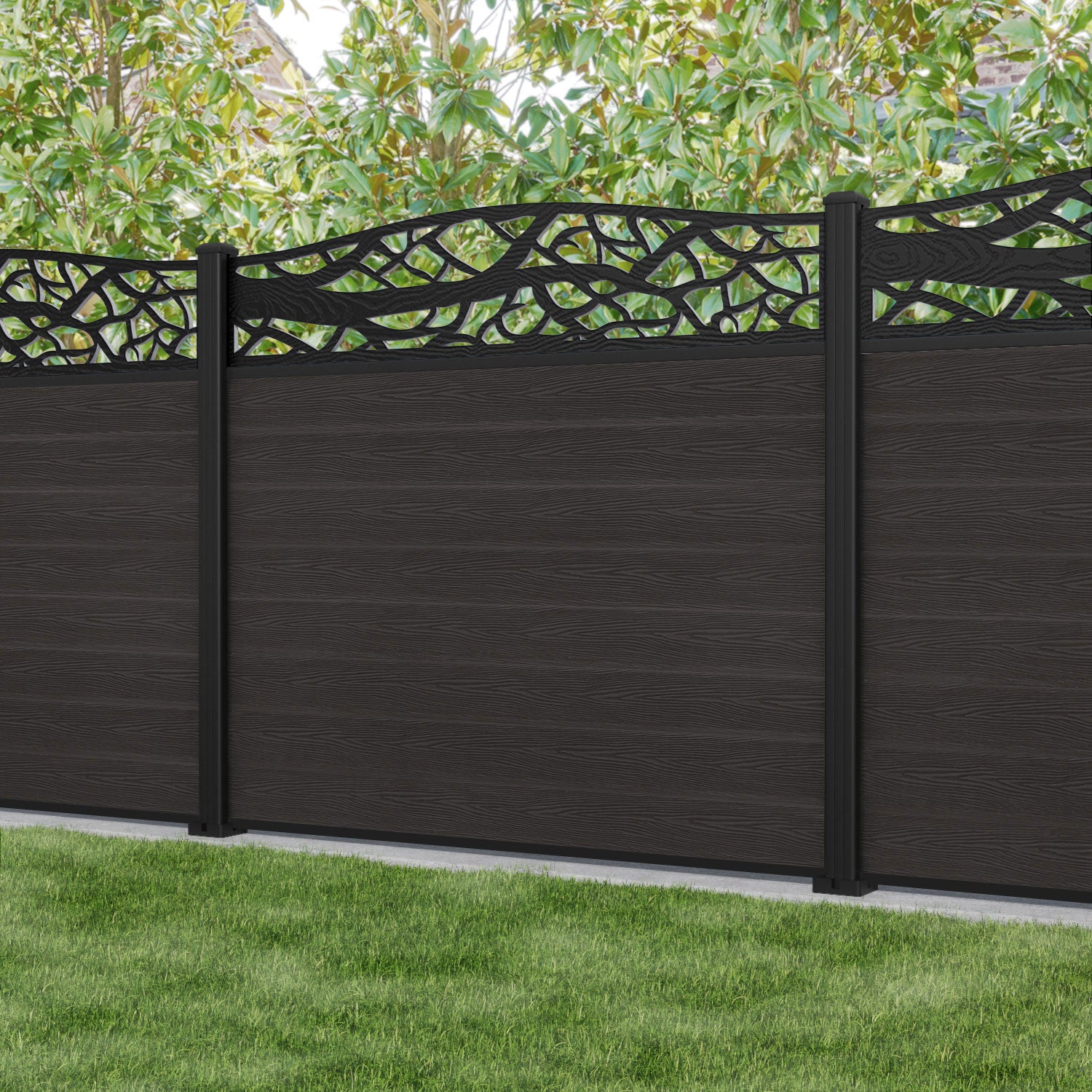 Classic Twilight Curved Top Fence Panel - Dark Oak - with our aluminium posts