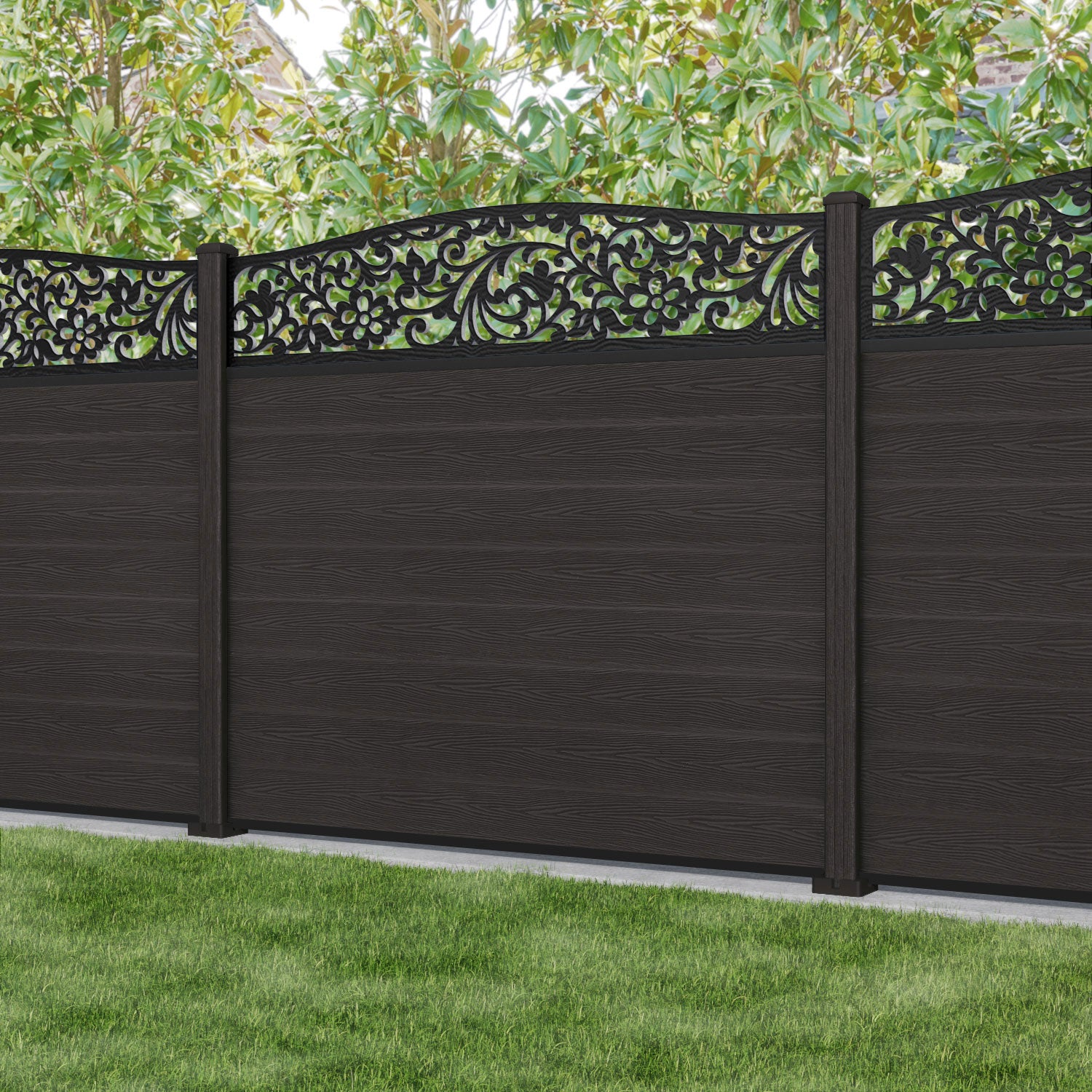 Classic Eden Curved Top Fence Panel - Dark Oak - with our composite posts