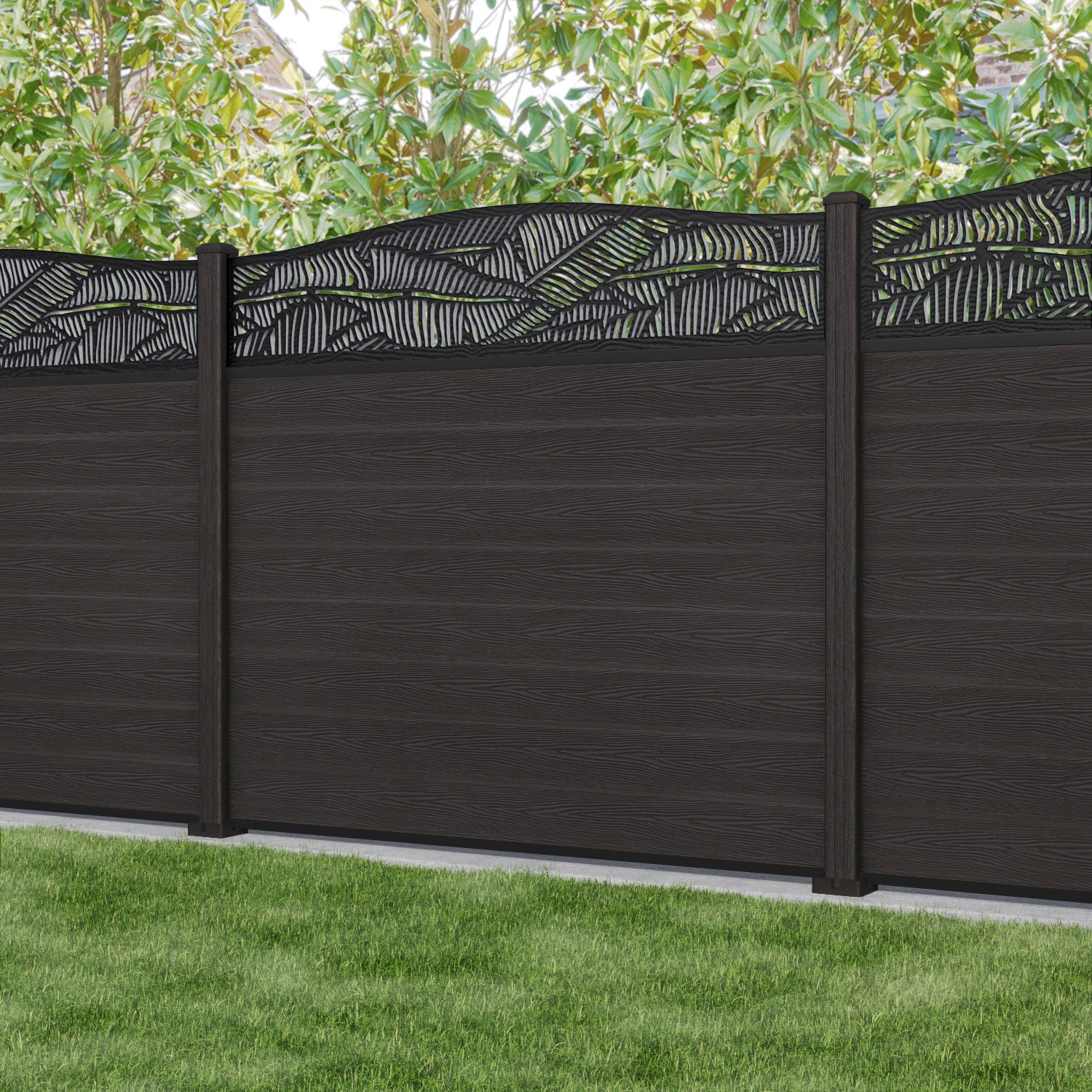 Classic Feather Curved Top Fence Panel - Dark Oak - with our composite posts