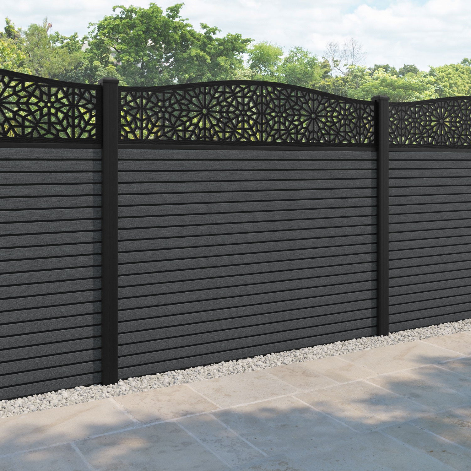 Hudson Alnara Curved Top Fence Panel - Dark Grey - with our aluminium posts