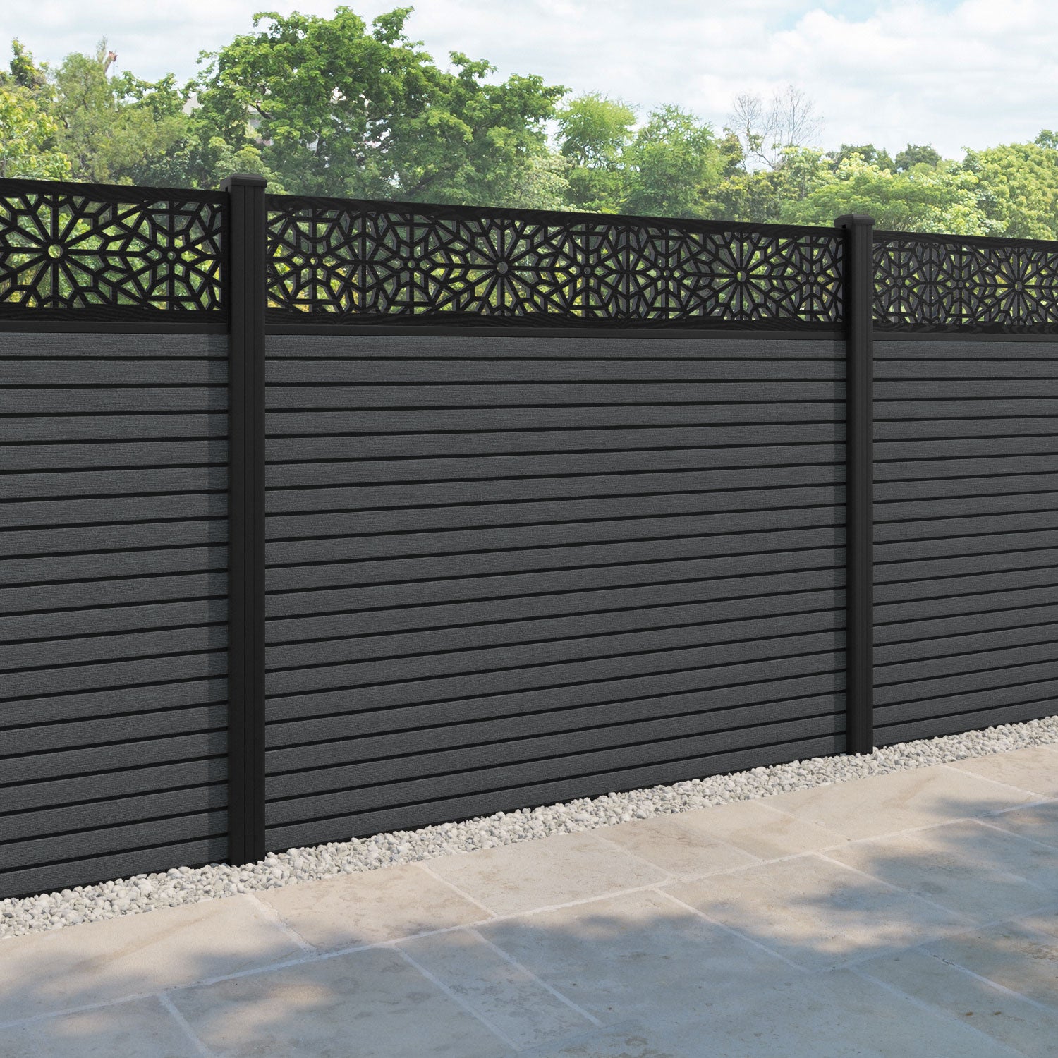 Hudson Alnara Fence Panel - Dark Grey - with our aluminium posts