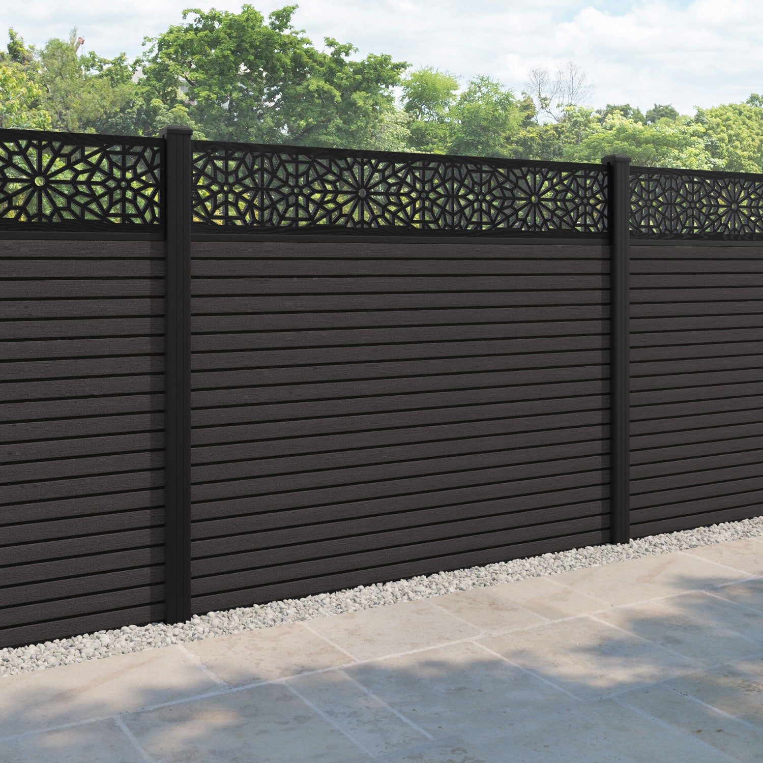Hudson Alnara Fence Panel - Dark Oak - with our aluminium posts