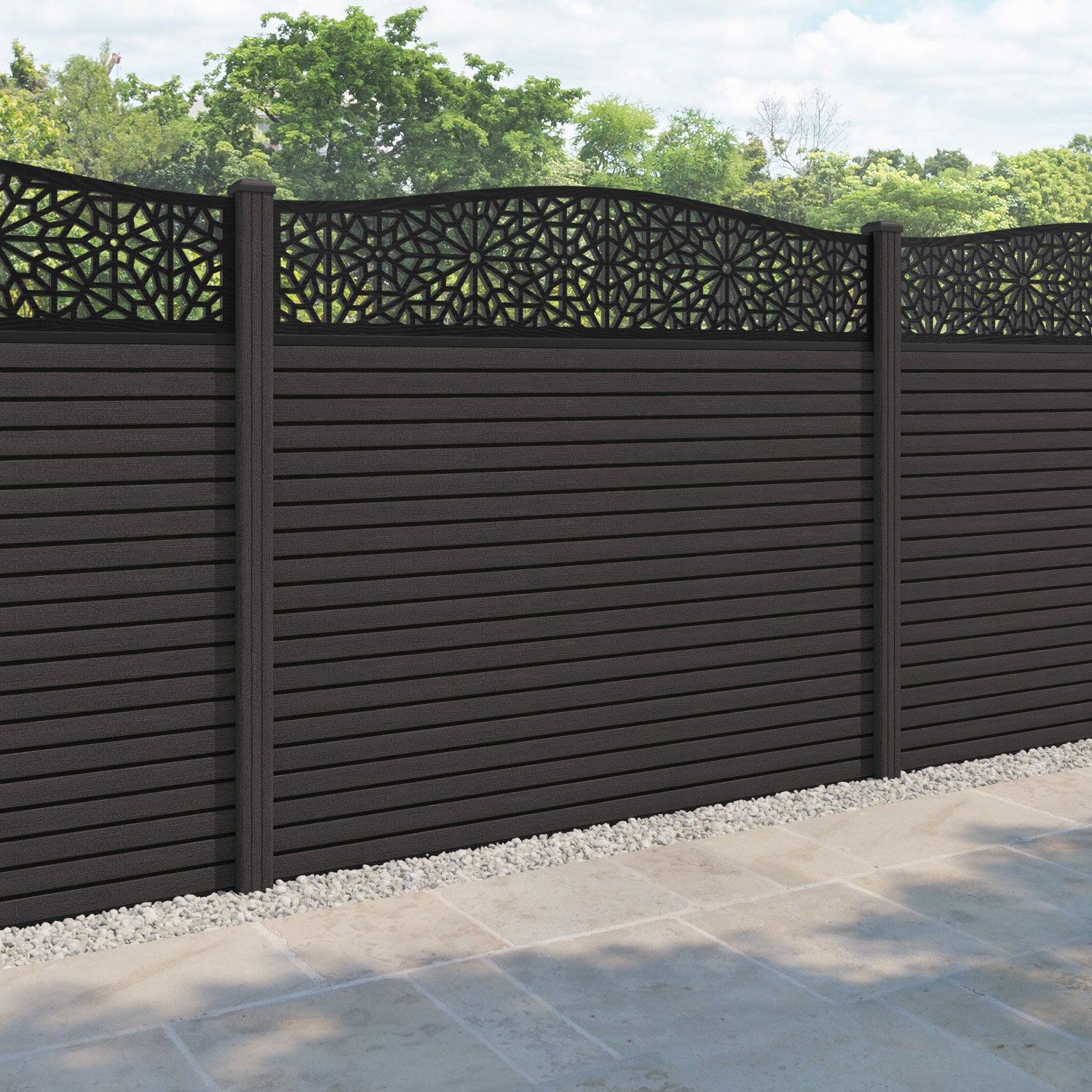 Hudson Alnara Curved Top Fence Panel - Dark Oak - with our composite posts
