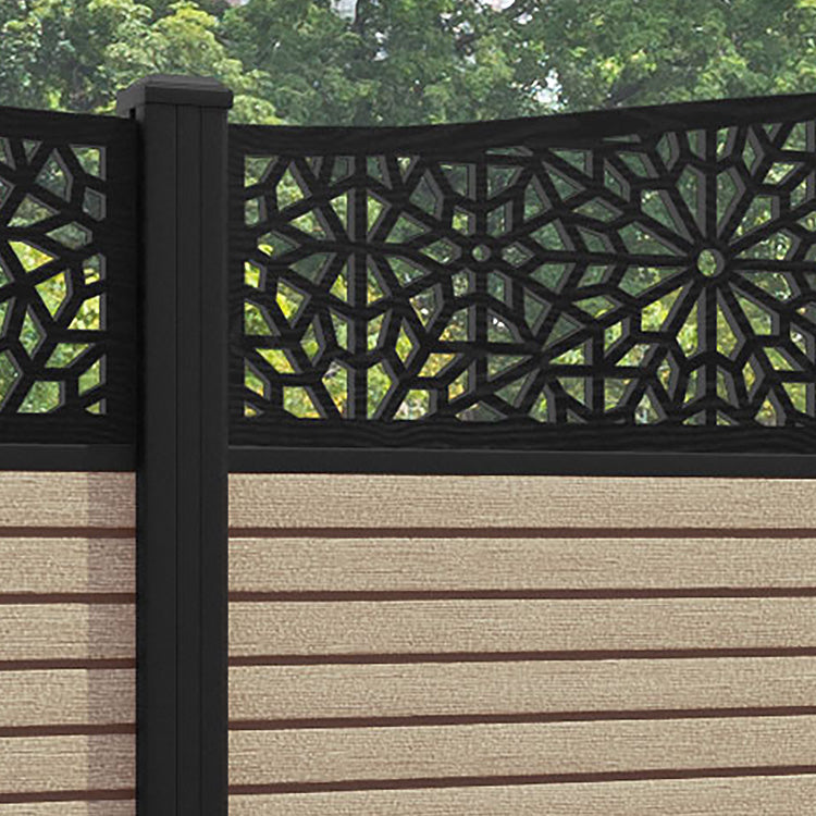 Hudson Alnara Curved Top Fence Panel - Light Oak - with our aluminium posts