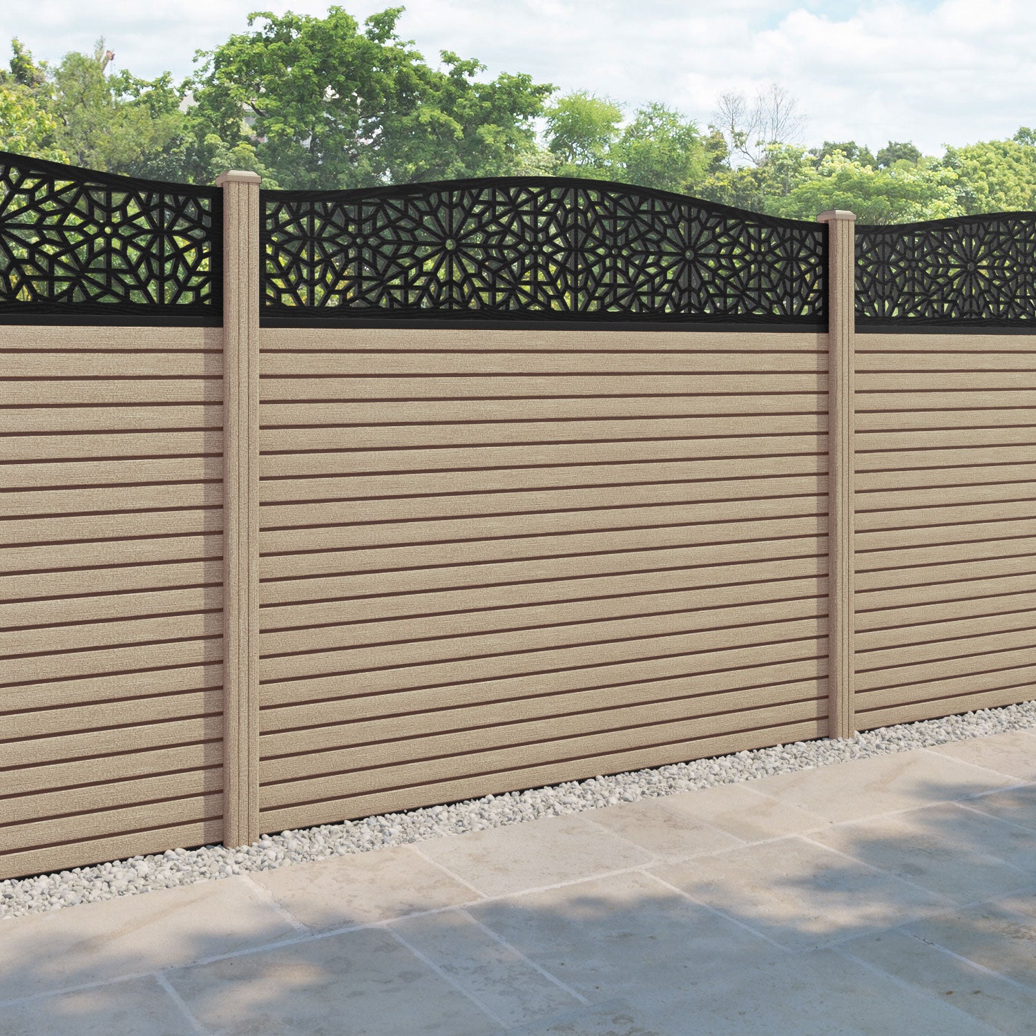 Hudson Alnara Curved Top Fence Panel - Light Oak - with our composite posts