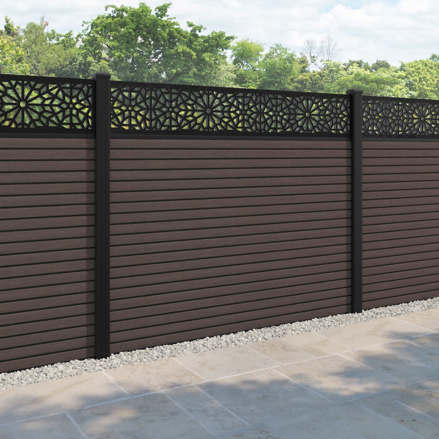 Hudson Alnara Fence Panel - Mid Brown - with our aluminium posts
