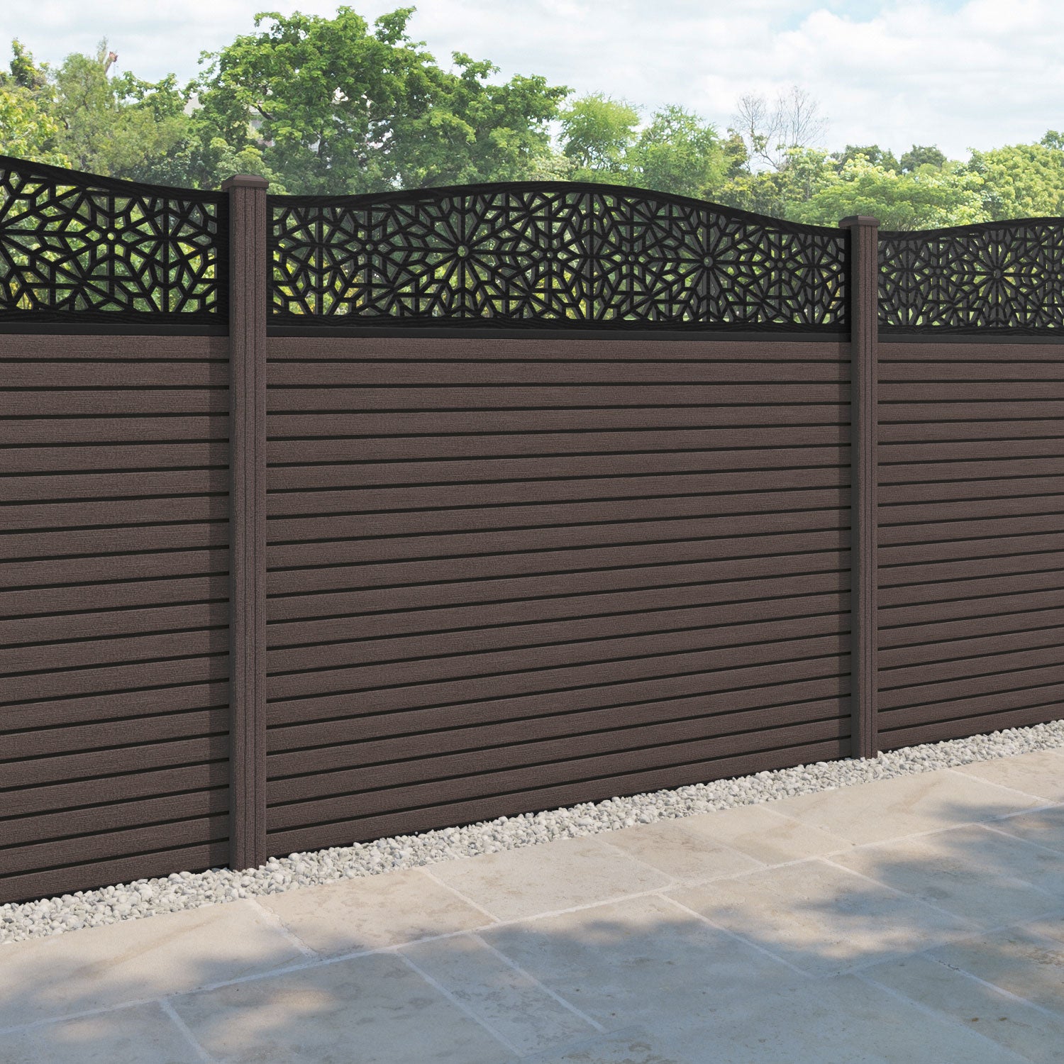 Hudson Alnara Curved Top Fence Panel - Mid Brown - with our composite posts